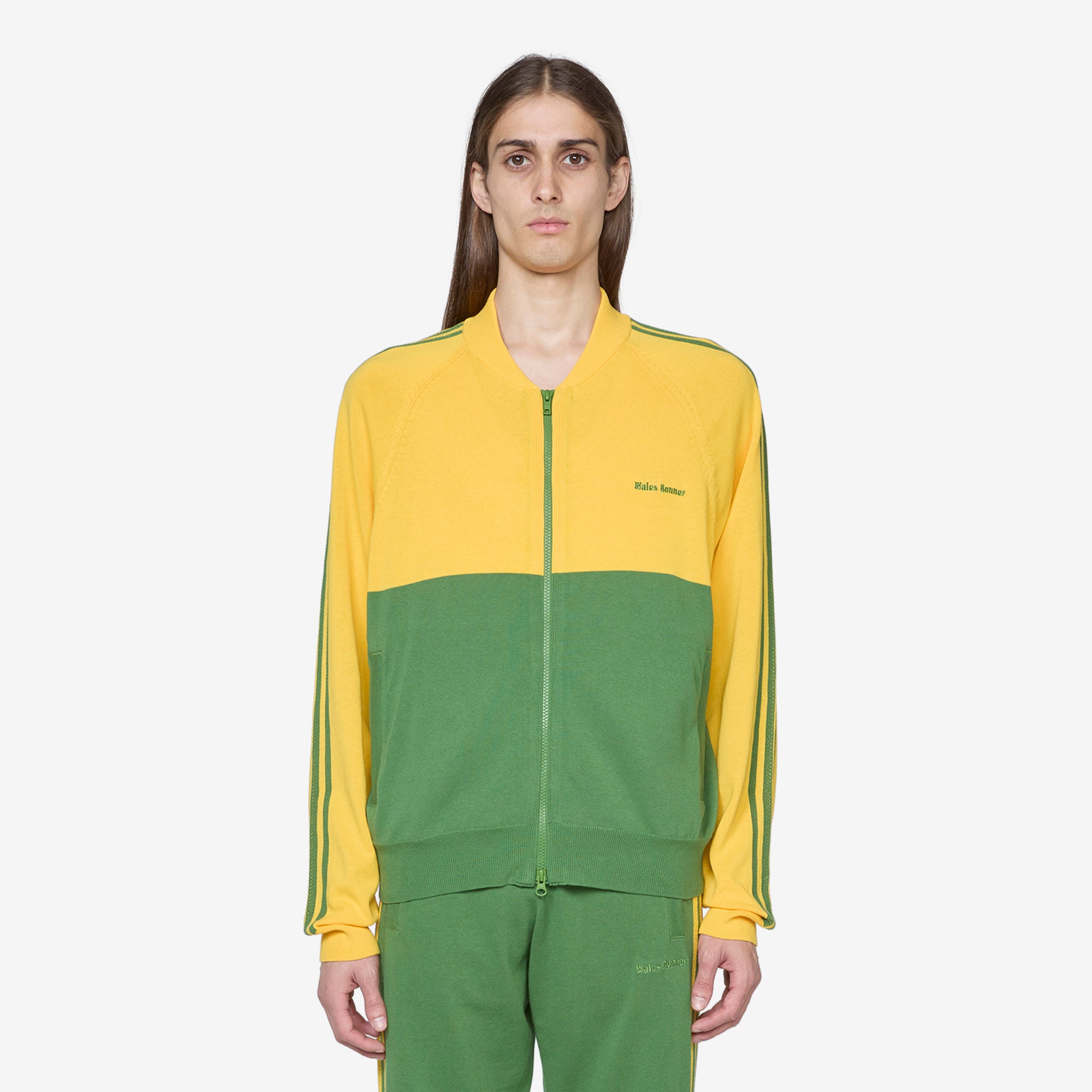 Wales Bonner x Knit Track Top - Bold Gold & Crew Green Colorblock Unisex Sweatshirt for Casual Wear & Street Style Fashion