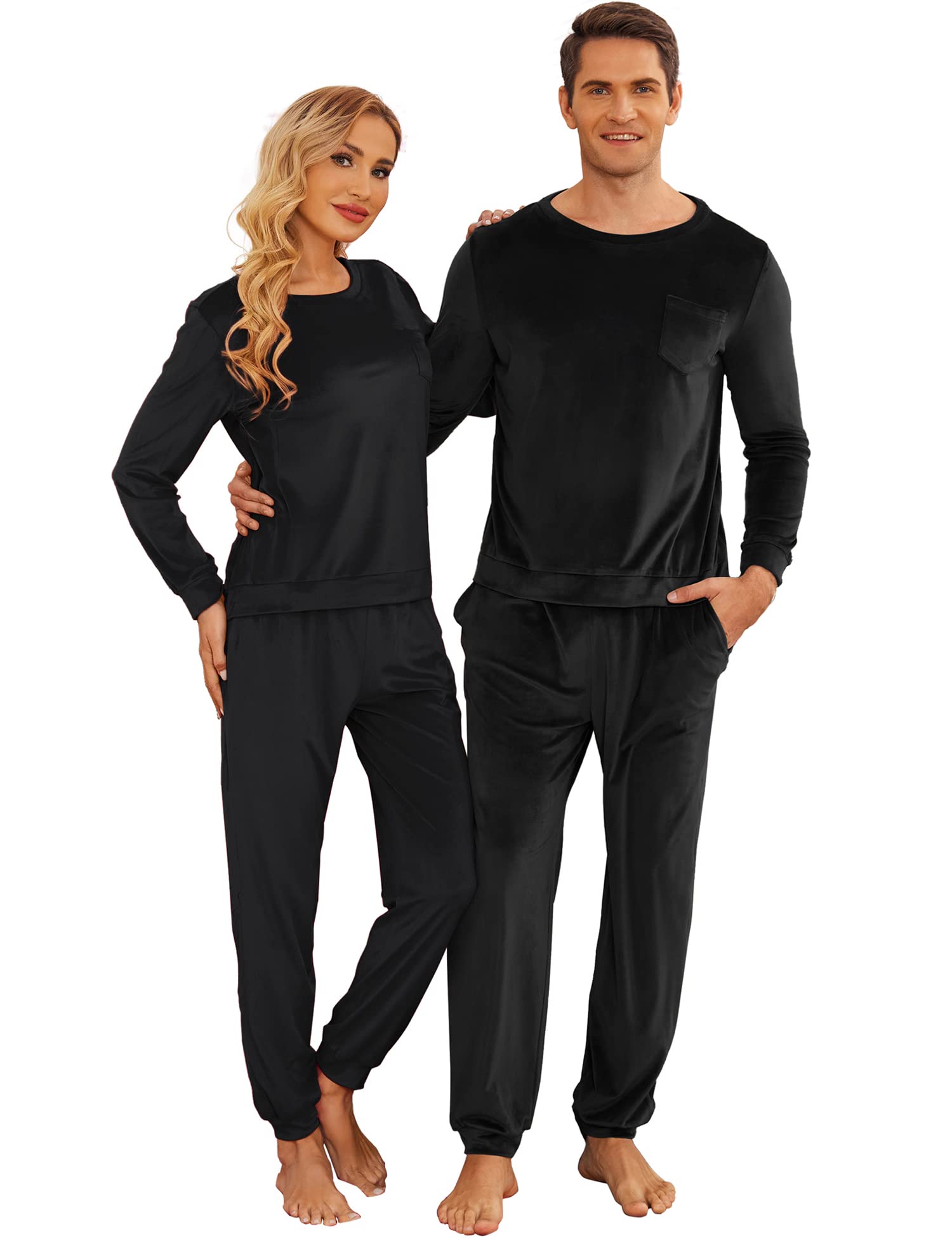 Ekouaer Couples Matching Pajamas Sets - Long Sleeve Velvet Sleepwear for Women & Men - Soft 2 Piece Pajama Set with Pockets - Cozy Winter Loungewear for Christmas, Anniversary & Valentine's Day Gifts