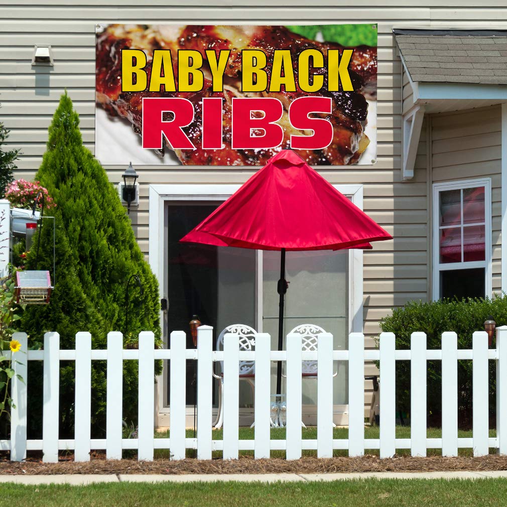 Custom Printed Vinyl Banner for Baby Back Ribs Advertising - Weatherproof Outdoor Restaurant & Food Sign with 4 Grommets (12x30 Inches) - Perfect for BBQ Events, Food Festivals & Yard Sales