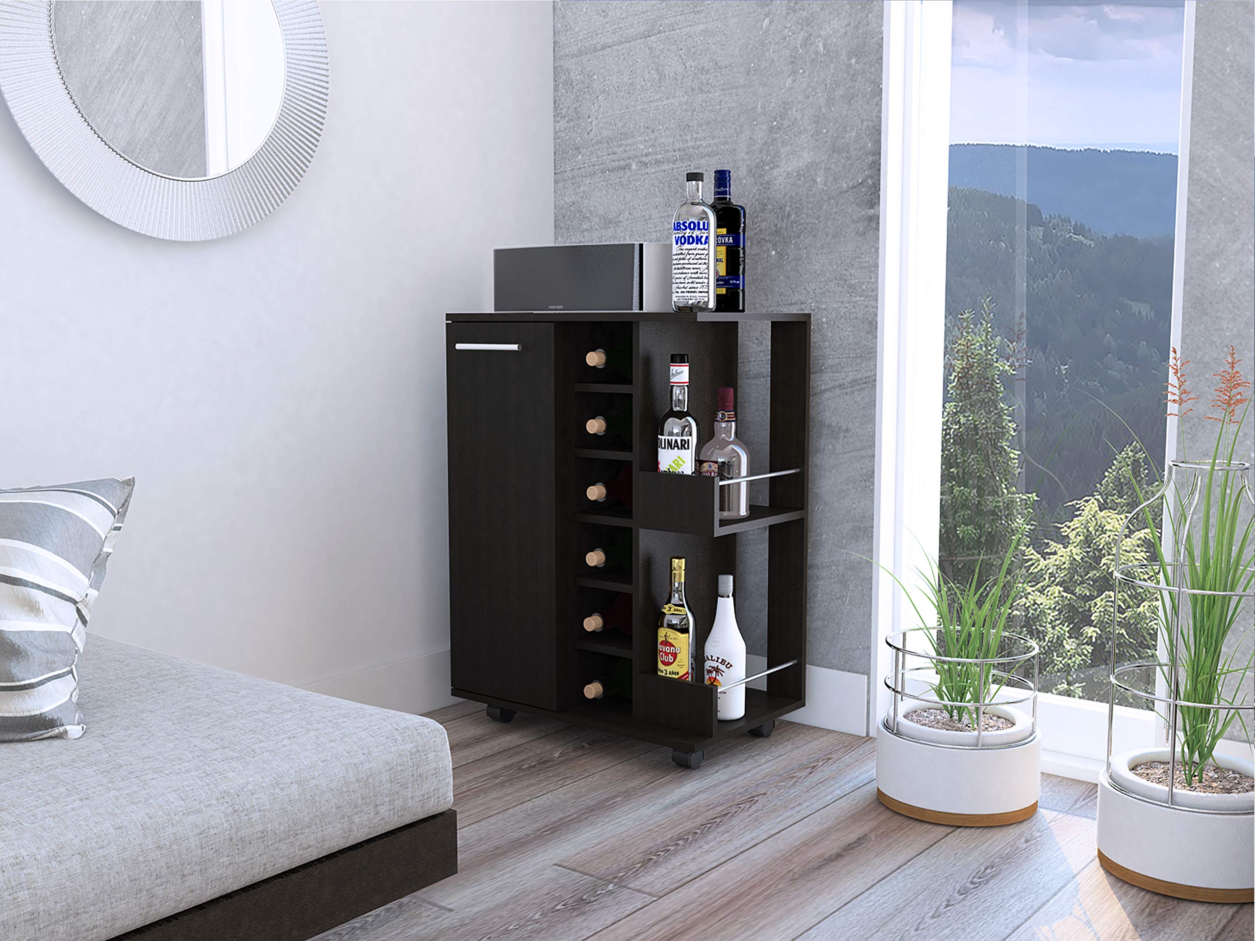 Tennessee 29-inch Tall Bar Cart with Cabinet Storage - 6 Cubbies & 2 Shelves - Black Wenge Finish - Perfect for Home Bar, Kitchen Organization & Living Room Decor