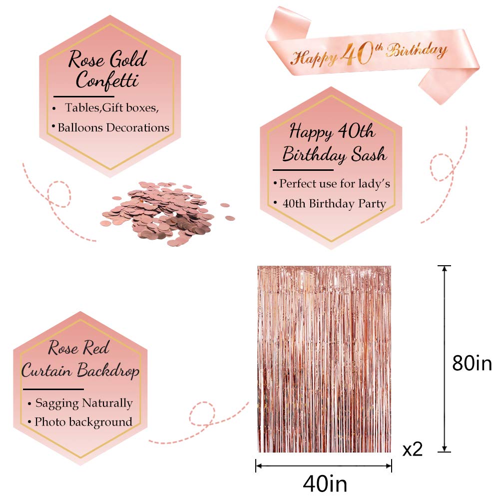 40th Birthday Decorations Set - Happy Birthday Banner, Rose Gold Balloon Numbers, Cake Topper & Curtain Backdrop for Anniversary Party Decor | Perfect for Milestone Celebrations, Photo Booths & Themed Events