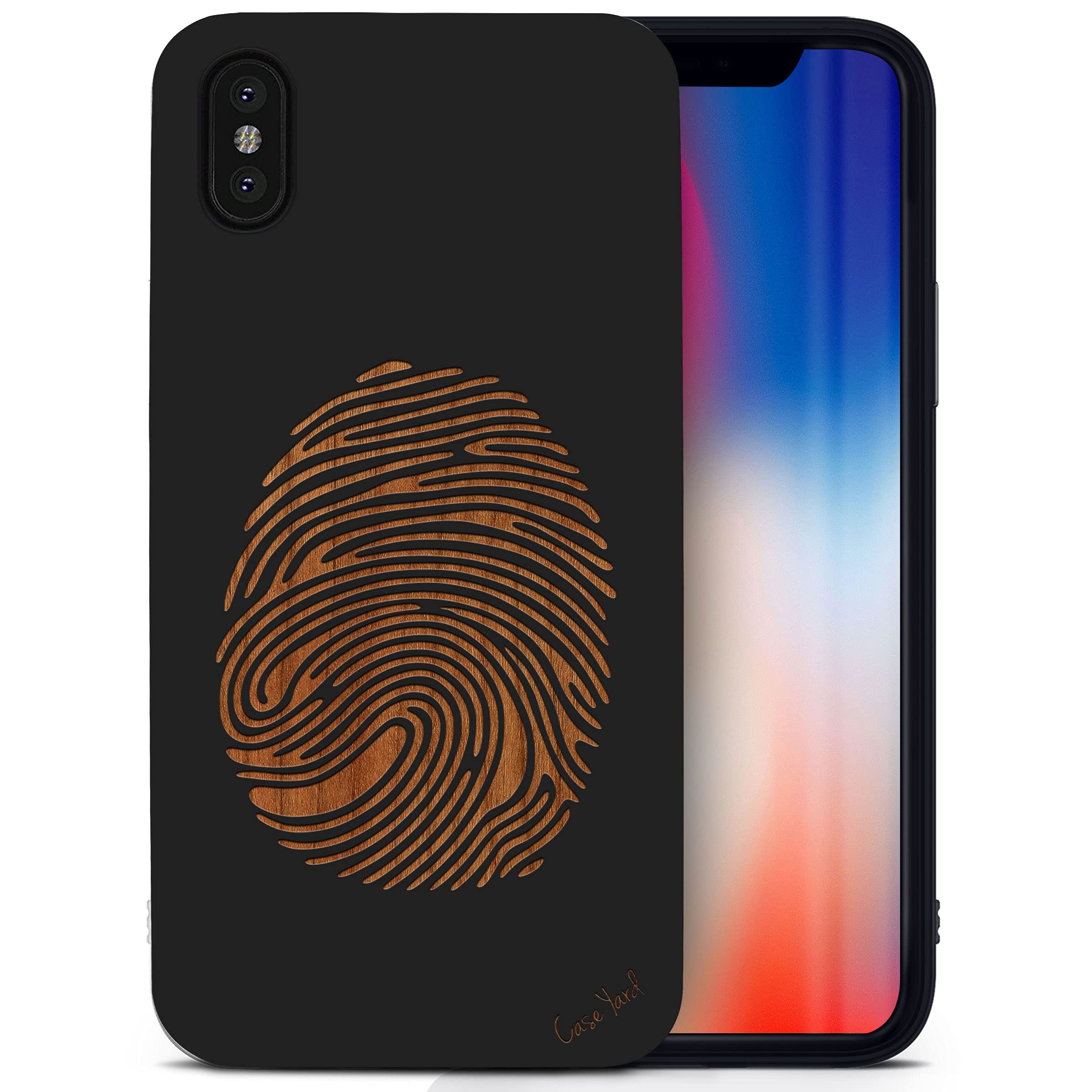 CaseYard Wooden iPhone Xs Max Case - Laser Engraved Fingerprint Design, Black Wood Protective Cover | Shockproof & Slim Fit for Men & Women | Perfect for Outdoor Activities & Daily Use