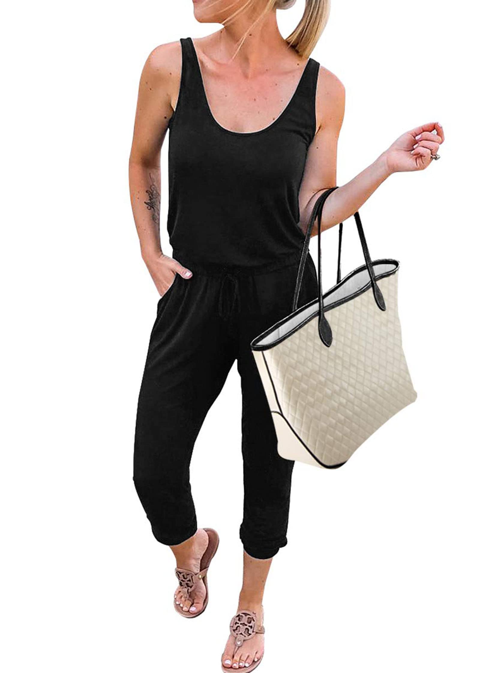 KIRUNDO 2023 Women's Summer Jumpsuit - Sleeveless Casual Romper with Drawstring Elastic Waist & Pockets | Perfect for Beach Vacation, Lounge Wear, and Summer Outfits