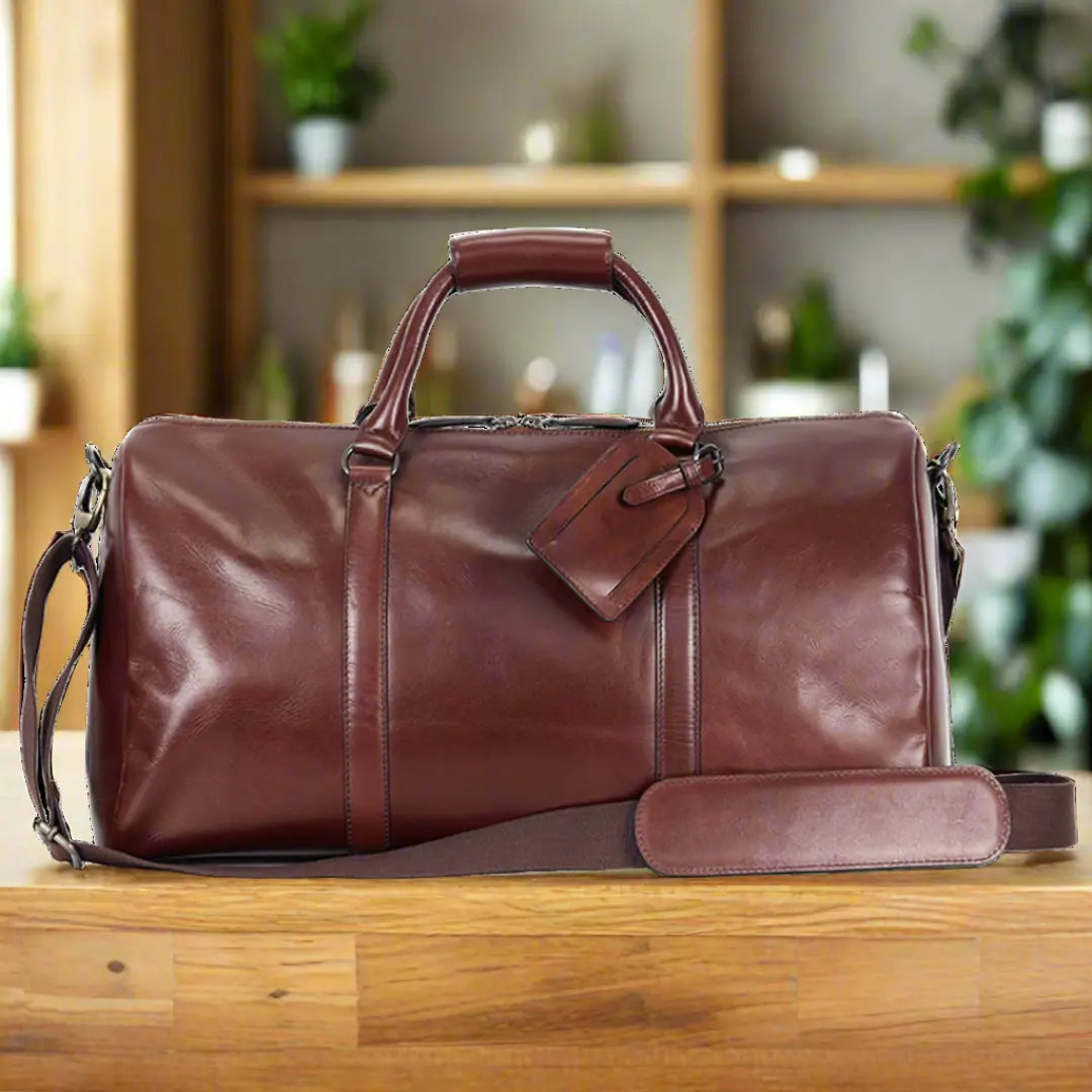 Premium Genuine Leather Duffle Bag for Men & Women - Travel, Gym & Weekend Getaways - Water-Resistant Carry-On Luggage with Adjustable Shoulder Strap