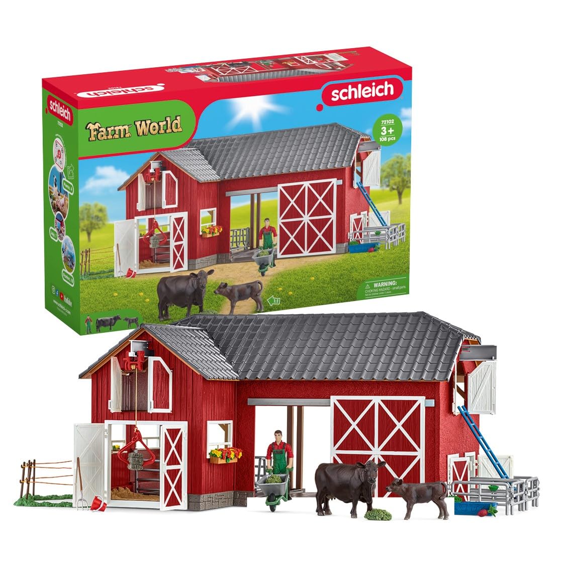 Schleich Farm Animal Toys and Playsets - Farm World Red Barn Set with Black Angus Cow Figurines, Farmer Action Figure & Farming Accessories | Educational Toys for Kids, Pretend Play & Farm-Themed Birthday Gifts