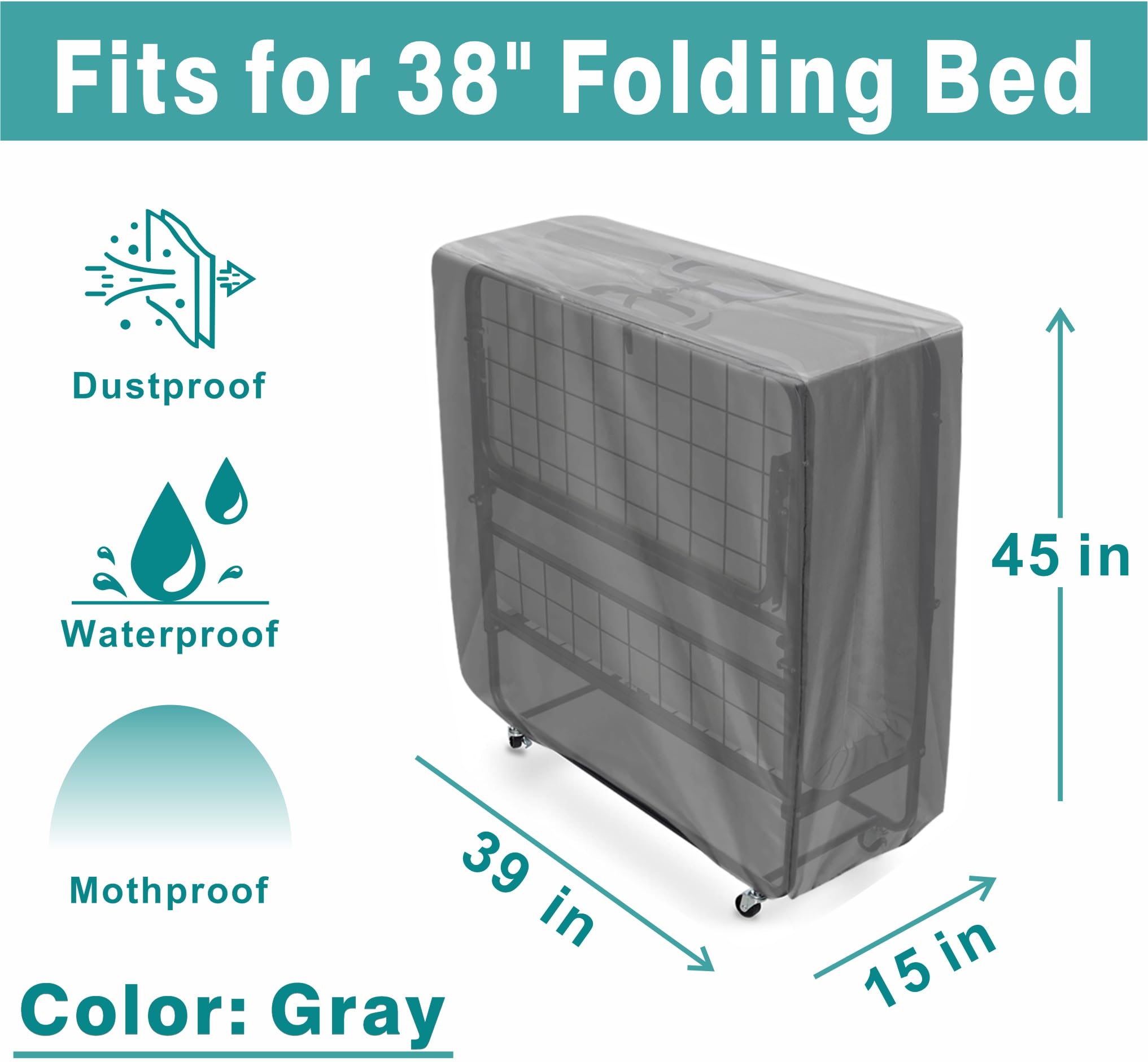 Waterproof 600D Folding Bed Storage Cover - Universal Dust Protector for 38 Inch Rollaway Beds (Gray) | Perfect for Guest Rooms, Dormitories & Space-Saving Storage