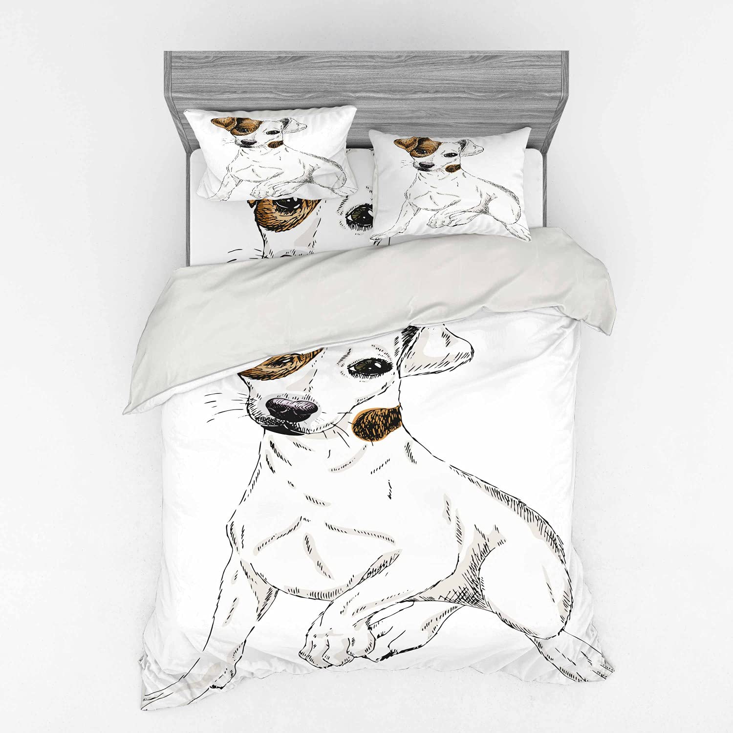 Ambesonne Jack Russell Terrier Dog Bedding Set - 4 Piece Queen Size Duvet Cover with Shams & Fitted Sheet - Sketch Style Hand Drawn Puppy Portrait Pet Shelter Design in Cream & Pale Brown - Perfect for Dog Lovers' Bedrooms & Pet-Friendly Home Decor