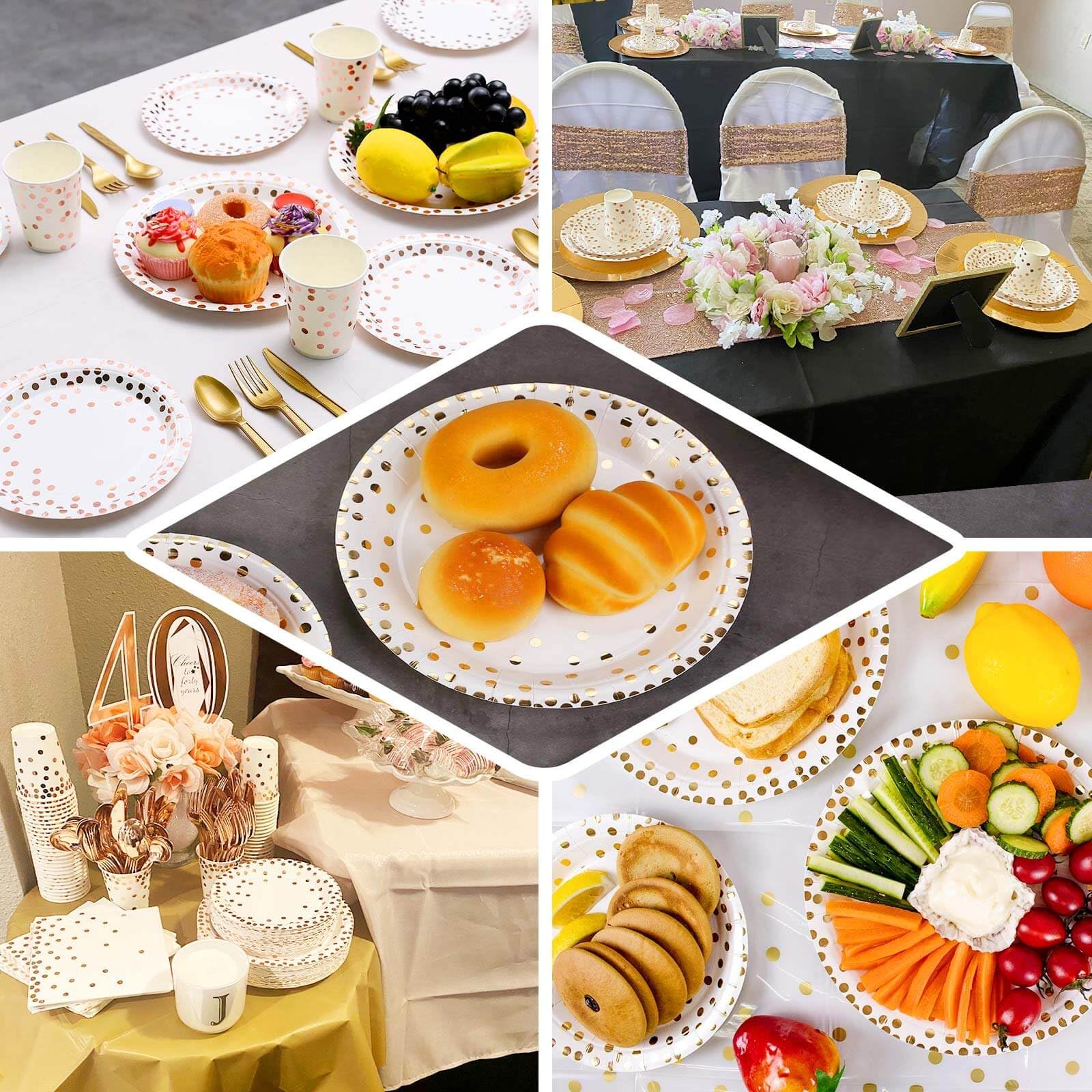 Efavormart 25 Pack 9 Inch White Metallic Rose Gold Polka Dot Disposable Dinner Plates - 300 GSM Heavy Duty Paper Plates for Wedding, Birthday Party & Holiday Celebrations