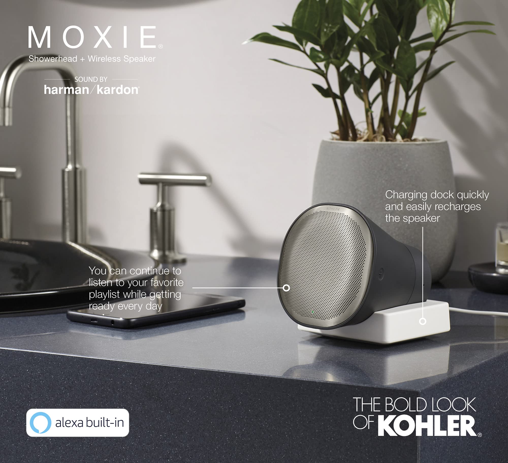 KOHLER K-28238-GKA-CP Alexa Enabled Showerhead with Bluetooth Speaker & Radio | Rechargeable Portable Shower Speaker | 1.75 GPM Water Flow | Polished Chrome Finish | Perfect for Bathroom Relaxation & Hands-Free Music Streaming