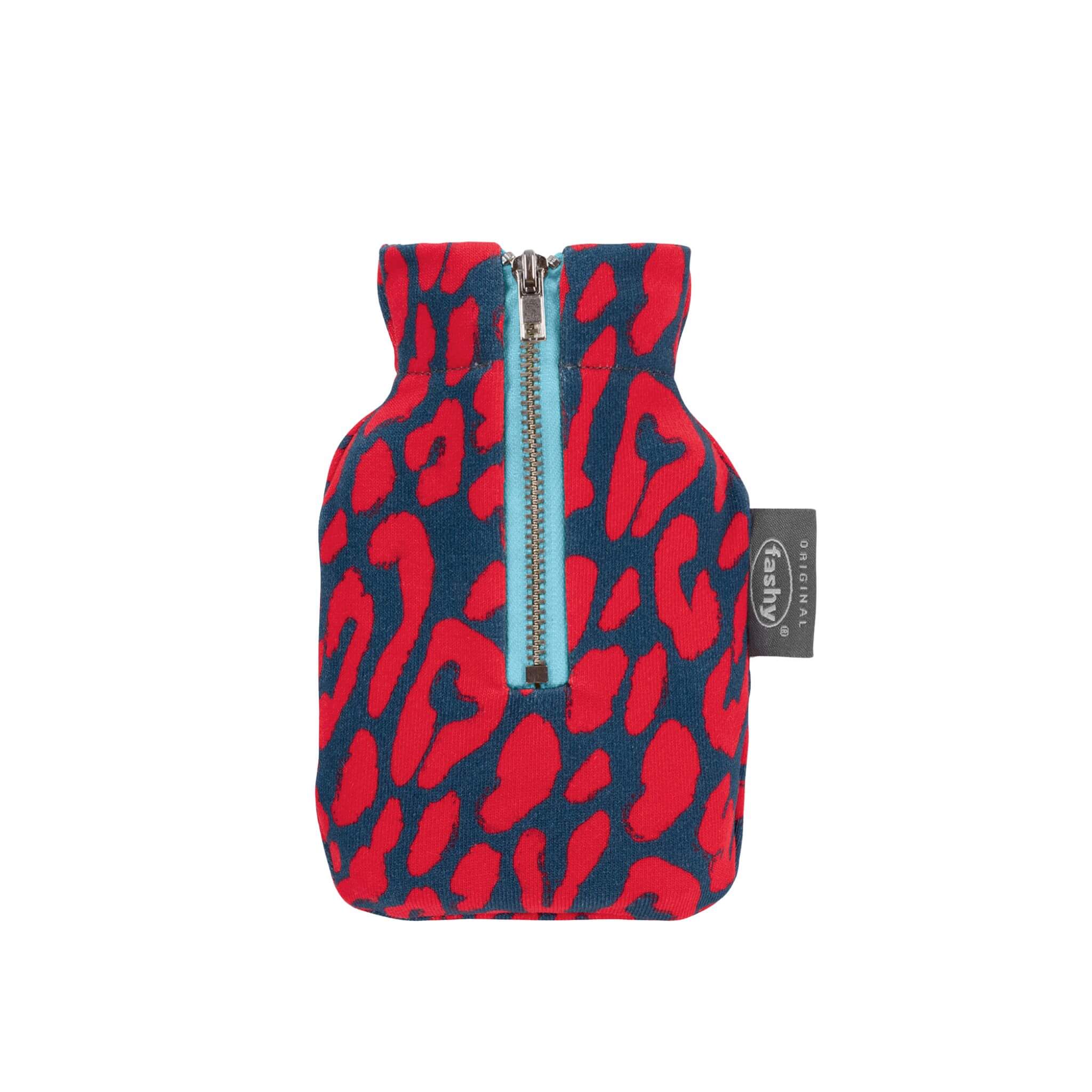 0.3L Mini Hot Water Bottle with Blue & Red Leo Pattern Zip Cover - Portable Pocket Warmer for Travel, Camping & Cold Weather Comfort