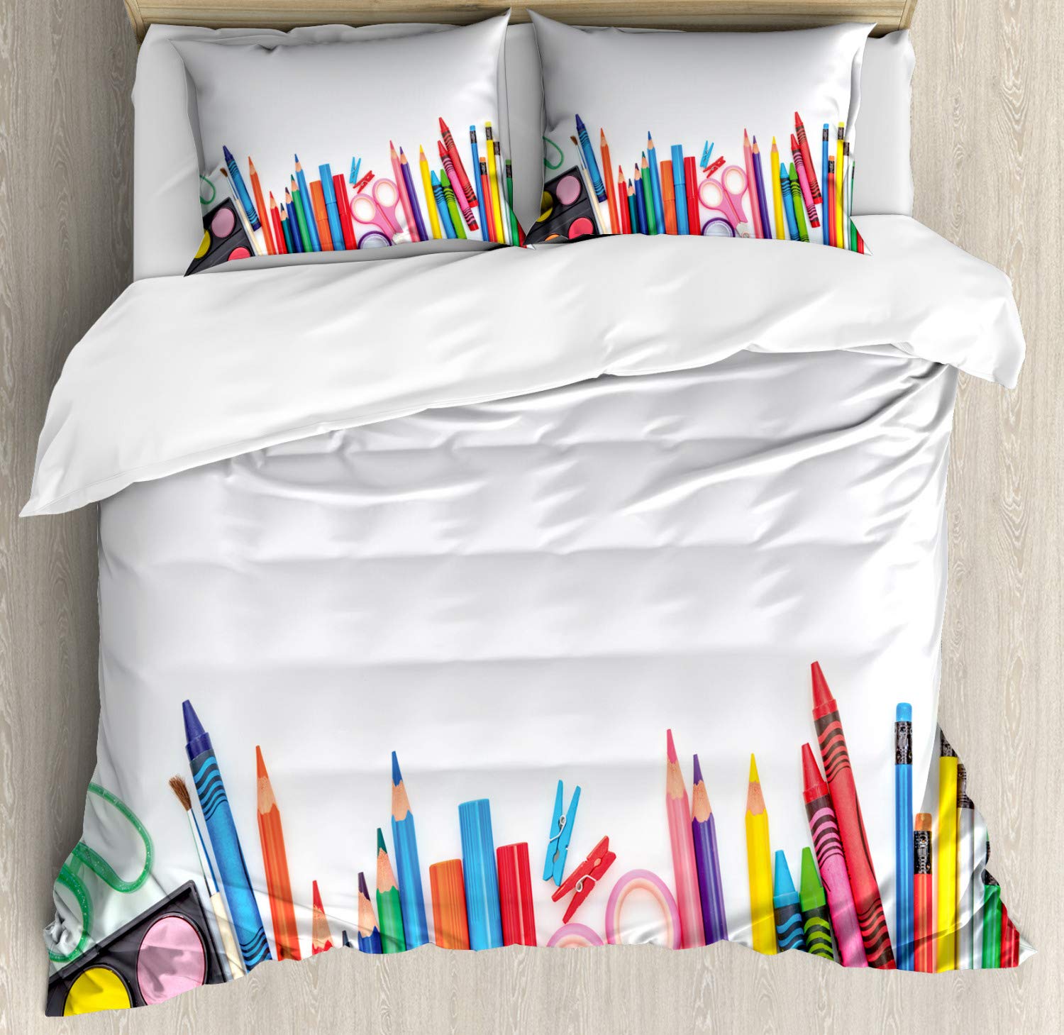 Ambesonne Colorful Duvet Cover Set - Queen Size 3-Piece Bedding with 2 Pillow Shams, White & Multicolor Elementary Print on Plain Background | Modern Kids Room Decor, Dorm Essentials, Soft & Stylish Bedroom Upgrade