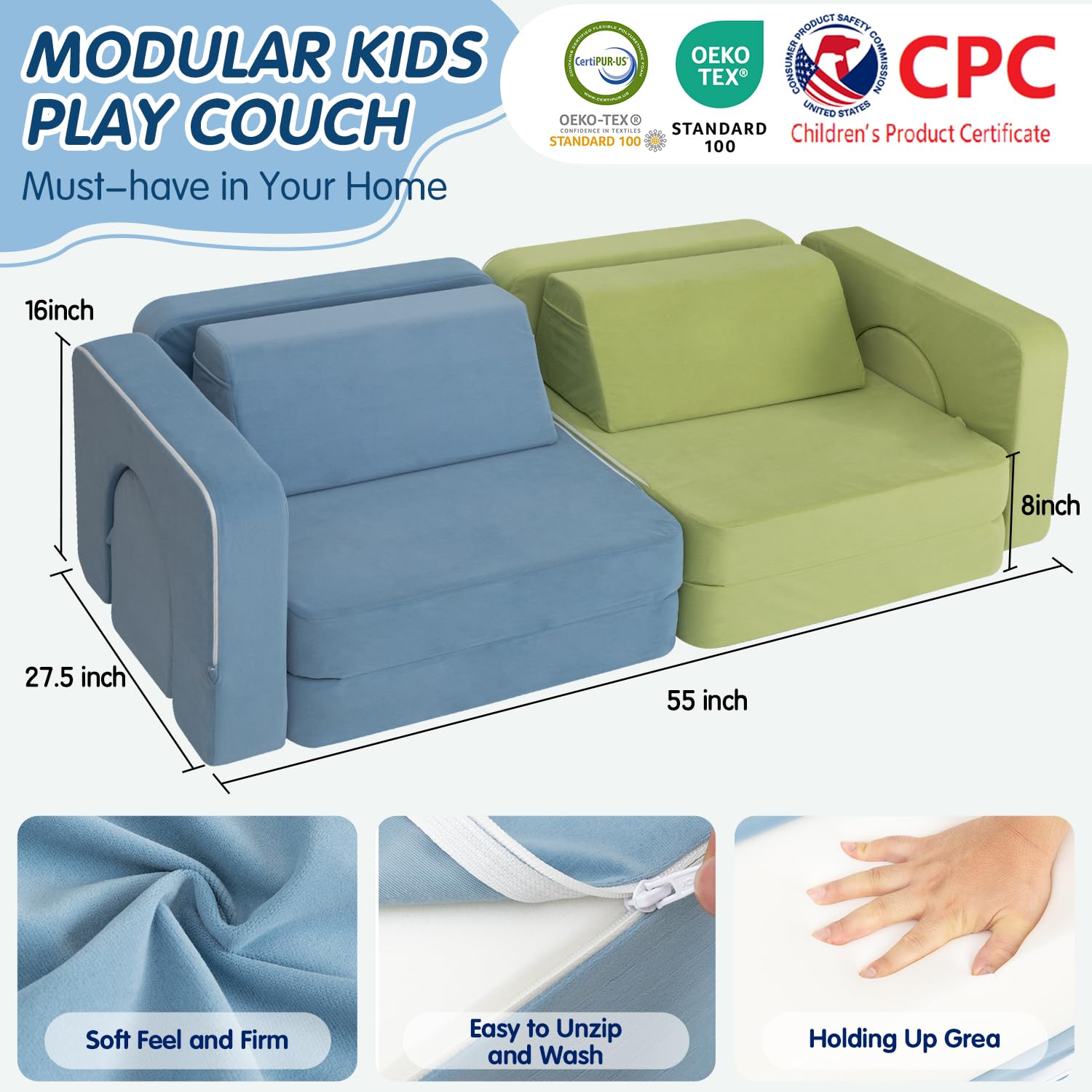 Modular Kids Play Couch - 1000+ Building Options, Super Comfy Convertible Sofa for Playroom & Nursery, Perfect Gift for Toddlers & Children - Great for Playtime, Reading Nook & Nap Time