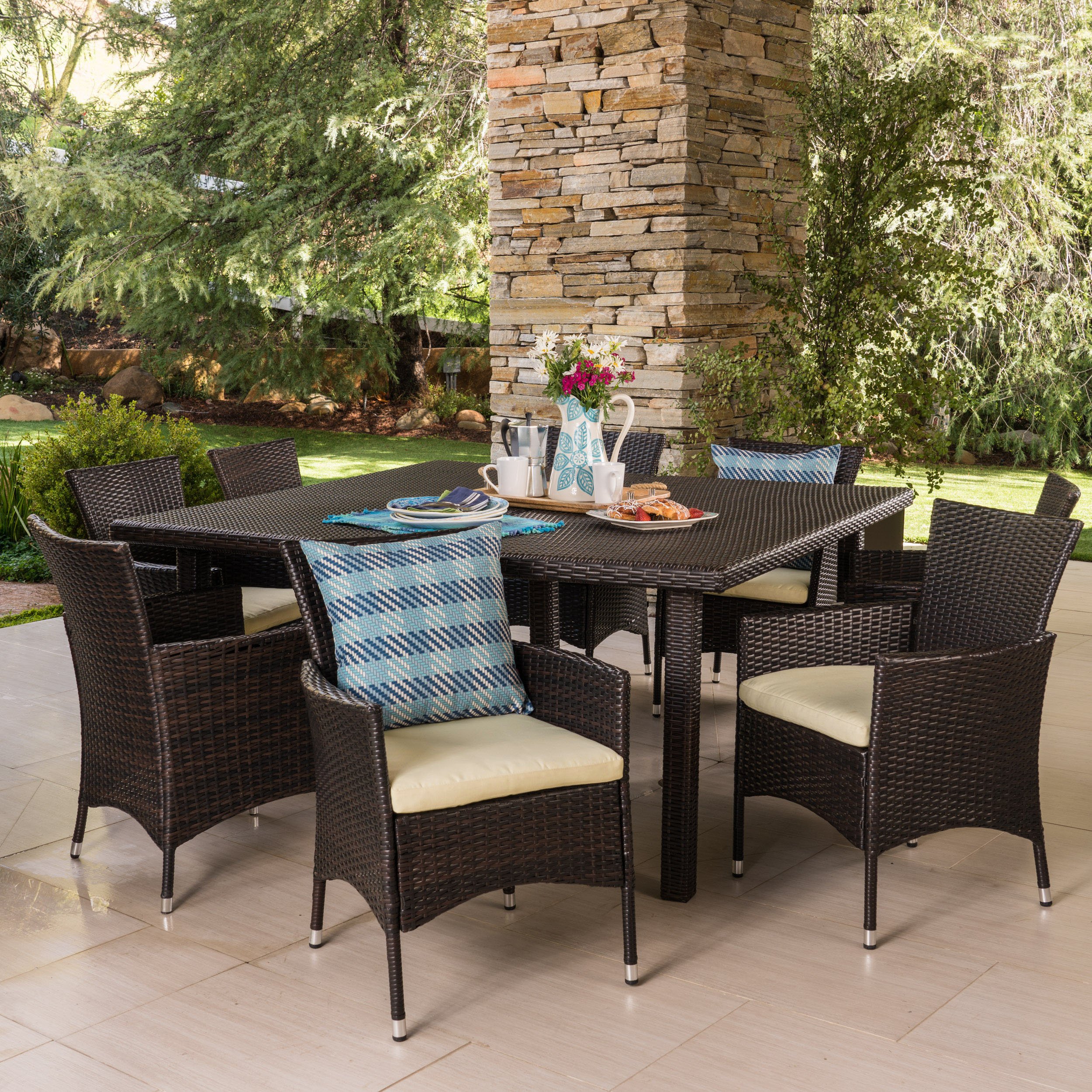 Christopher Knight Home Chadney 9-Piece Outdoor Wicker Square Dining Set with Water Resistant Cushions - Multibrown & Crème Cushions for Patio, Garden, or Poolside Dining