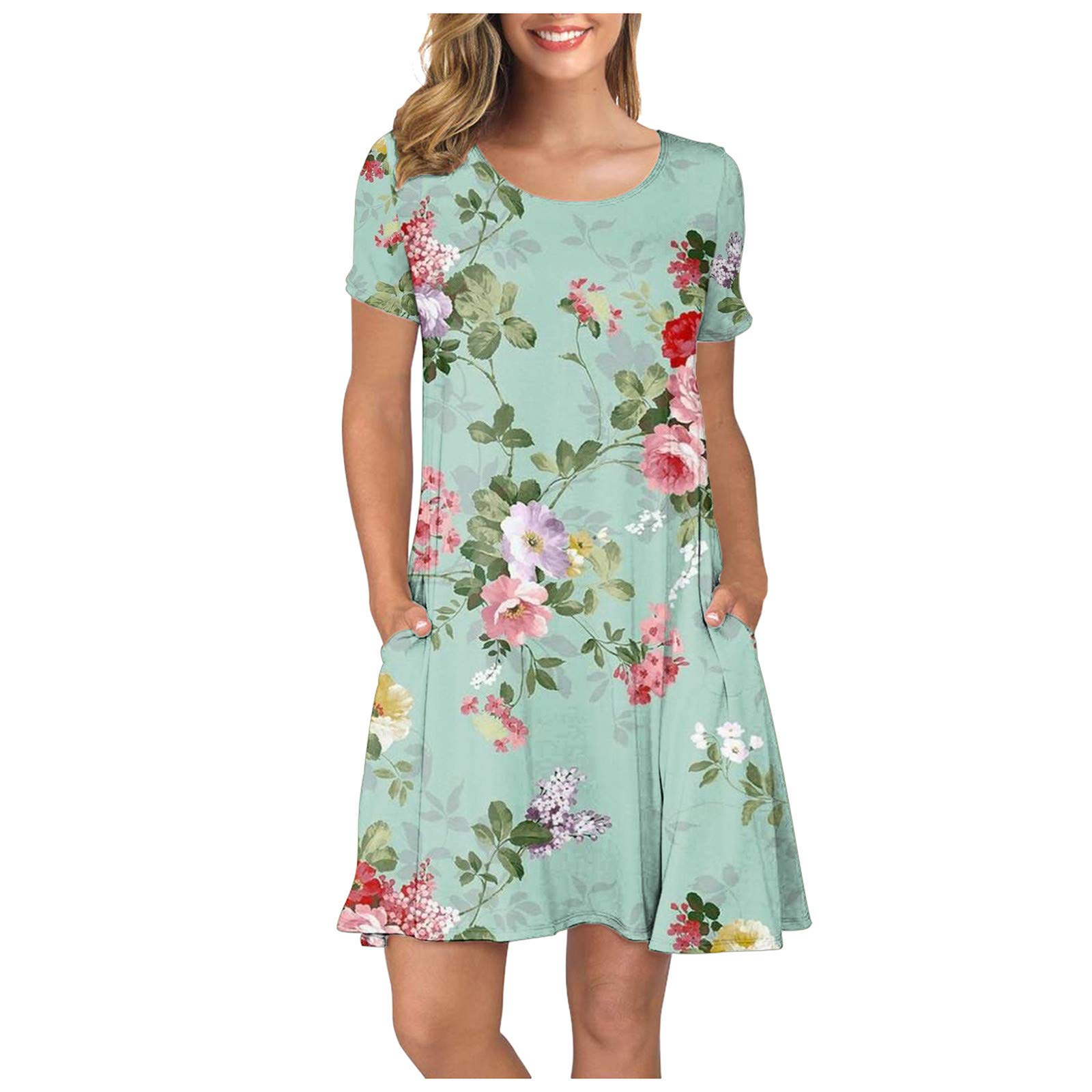 MoKFE Women's Summer Casual T-Shirt Dress - Short Sleeve O-Neck Printed Swing Dress with Pockets | Perfect for Beach, Vacation & Everyday Wear