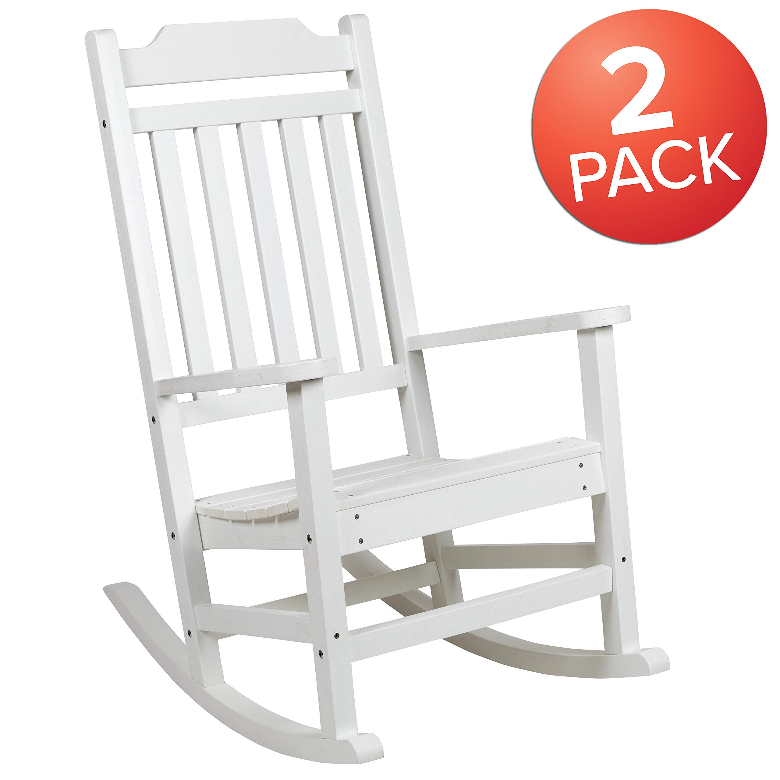 EMMA + OLIVER Set of 2 All-Weather White Poly Resin Rocking Chairs - Faux Wood Outdoor Patio Furniture for Garden, Porch & Backyard Relaxation