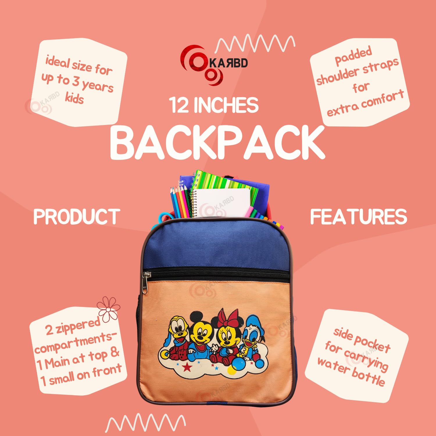 KARBD Kids Backpack for Boys & Girls - 12 Inch School Bag with Multiple Pockets, Compartments & Bottle Holder - Mickey Mouse Cartoon Design (Orange/Blue) - Perfect for School, Travel & Daily Use