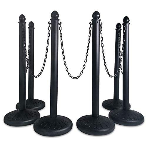 Heavy-Duty Black Plastic Crowd Control Stanchion Posts with 5PCS 40-Link Chains & C-Hooks - 6-Pack Set for Event Barriers, Queue Management, and Safety Control