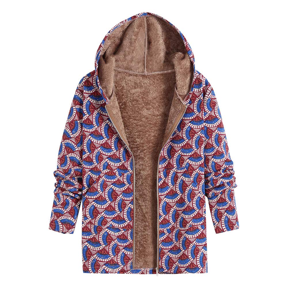 JOFOW Women's Flannel Lined Jacket - Boho Colorful Fans Print Hooded Parka Coat, Warm & Loose Long Outerwear Plus Size XXXL | Perfect for Fall Winter Fashion, Outdoor Activities & Casual Streetwear