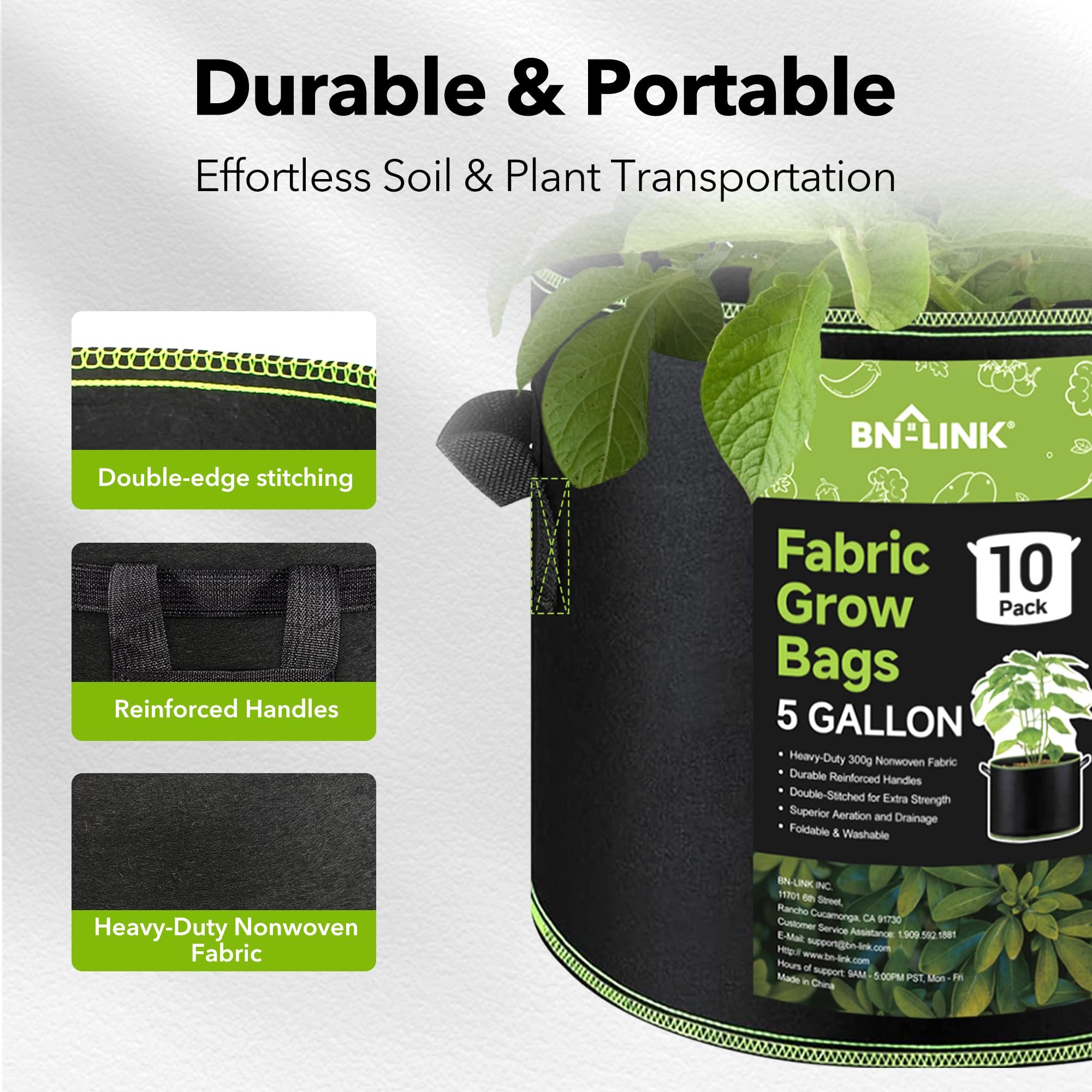 BN-LINK 10-Pack 5 Gallon Heavy Duty Aeration Fabric Grow Bags with Handles - Thickened Nonwoven Plant Pots for Vegetables, Flowers, Fruits - Ideal for Indoor/Outdoor Gardening, Container Planting & Hydroponics