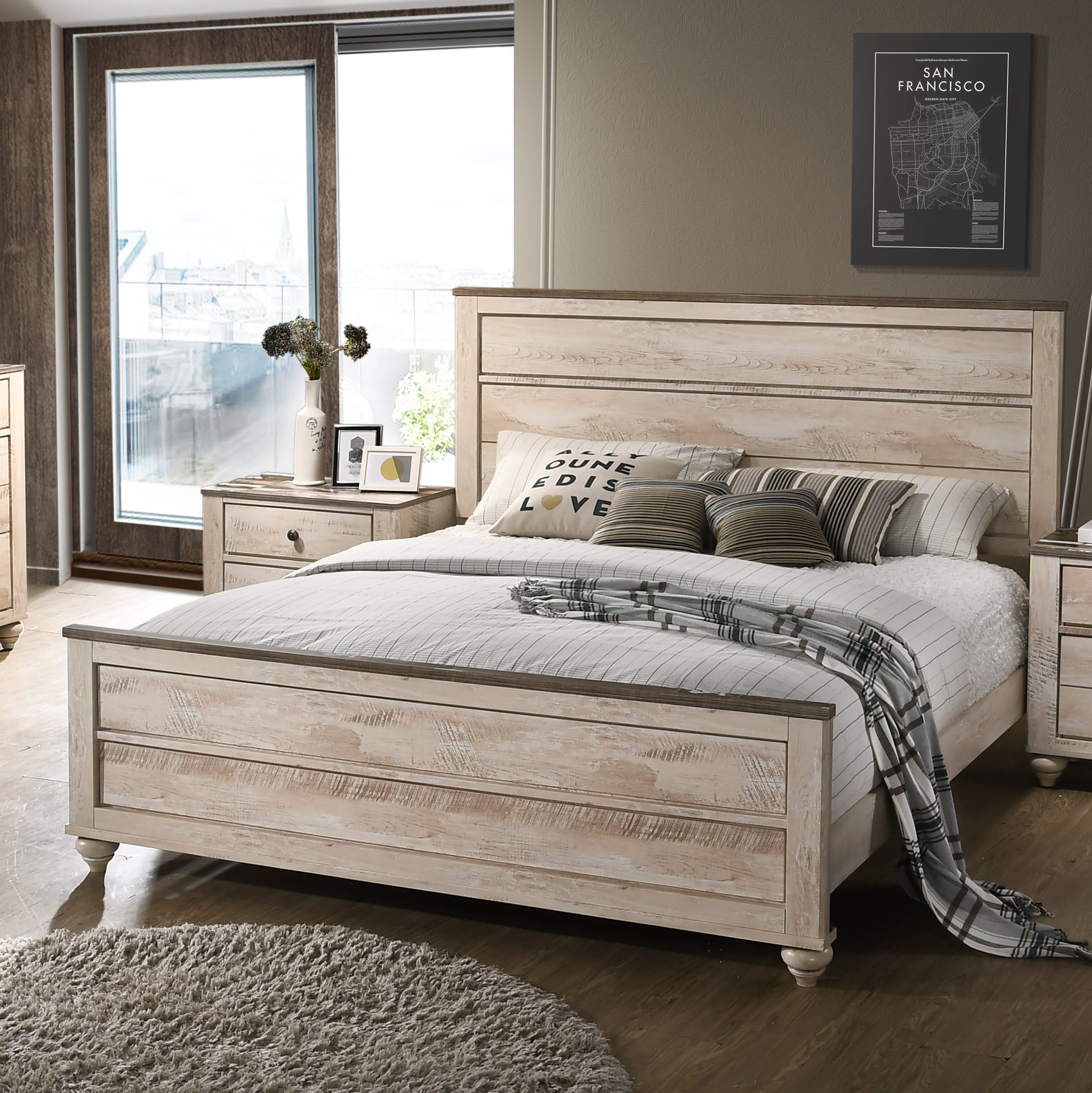 Roundhill Furniture Imerland Contemporary White Wash Finish 4-Piece Bedroom Set - Queen Size Bed, Nightstand, Dresser & Mirror - Modern Farmhouse Style for Cozy Bedroom Decor