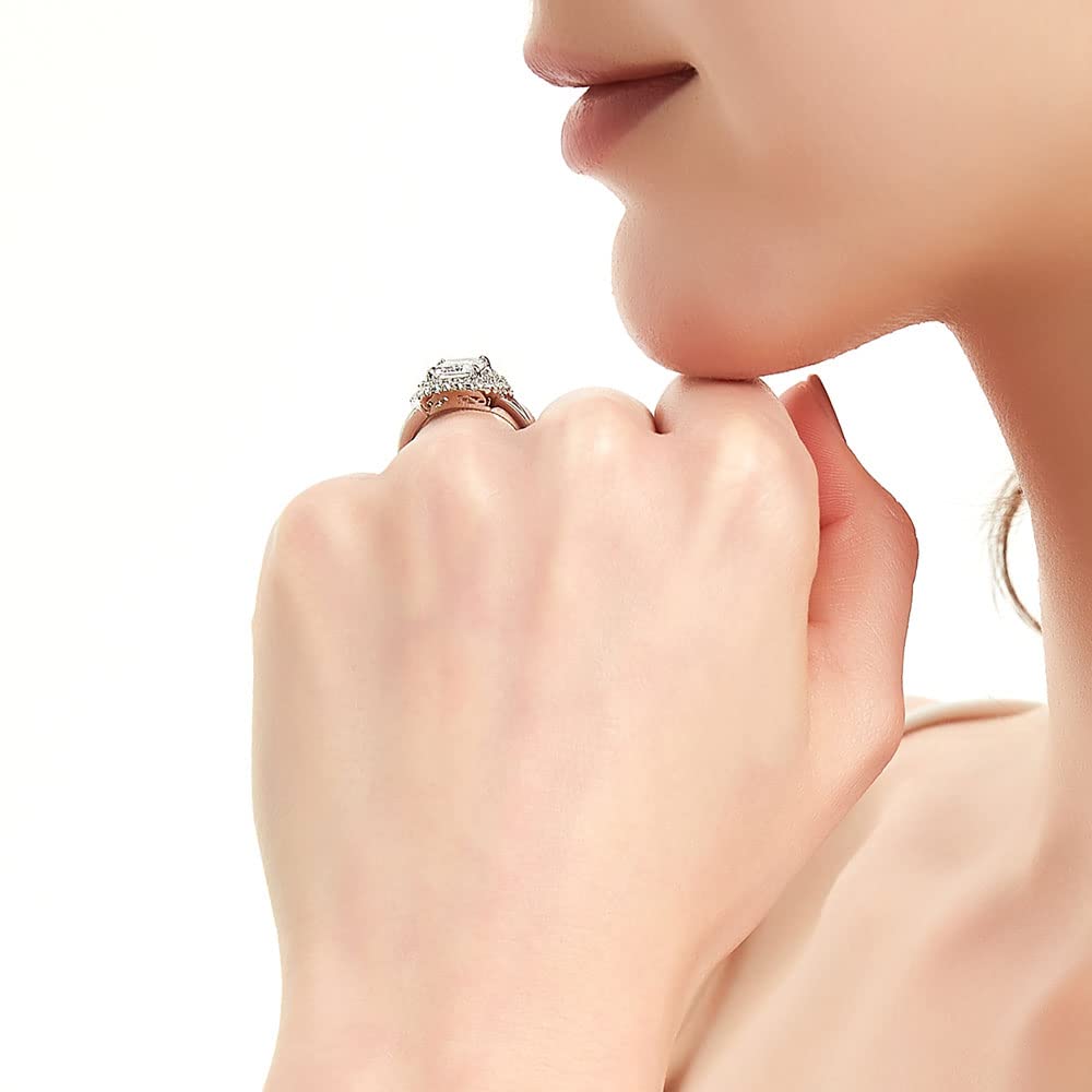 BERRICLE Sterling Silver Halo Wedding Engagement Ring for Women - Step Cut Emerald Cubic Zirconia CZ Statement Cocktail Ring, Split Shank Design, Rhodium Plated, Size 4-10 | Perfect for Proposals, Anniversaries, Date Nights & Special Occasions