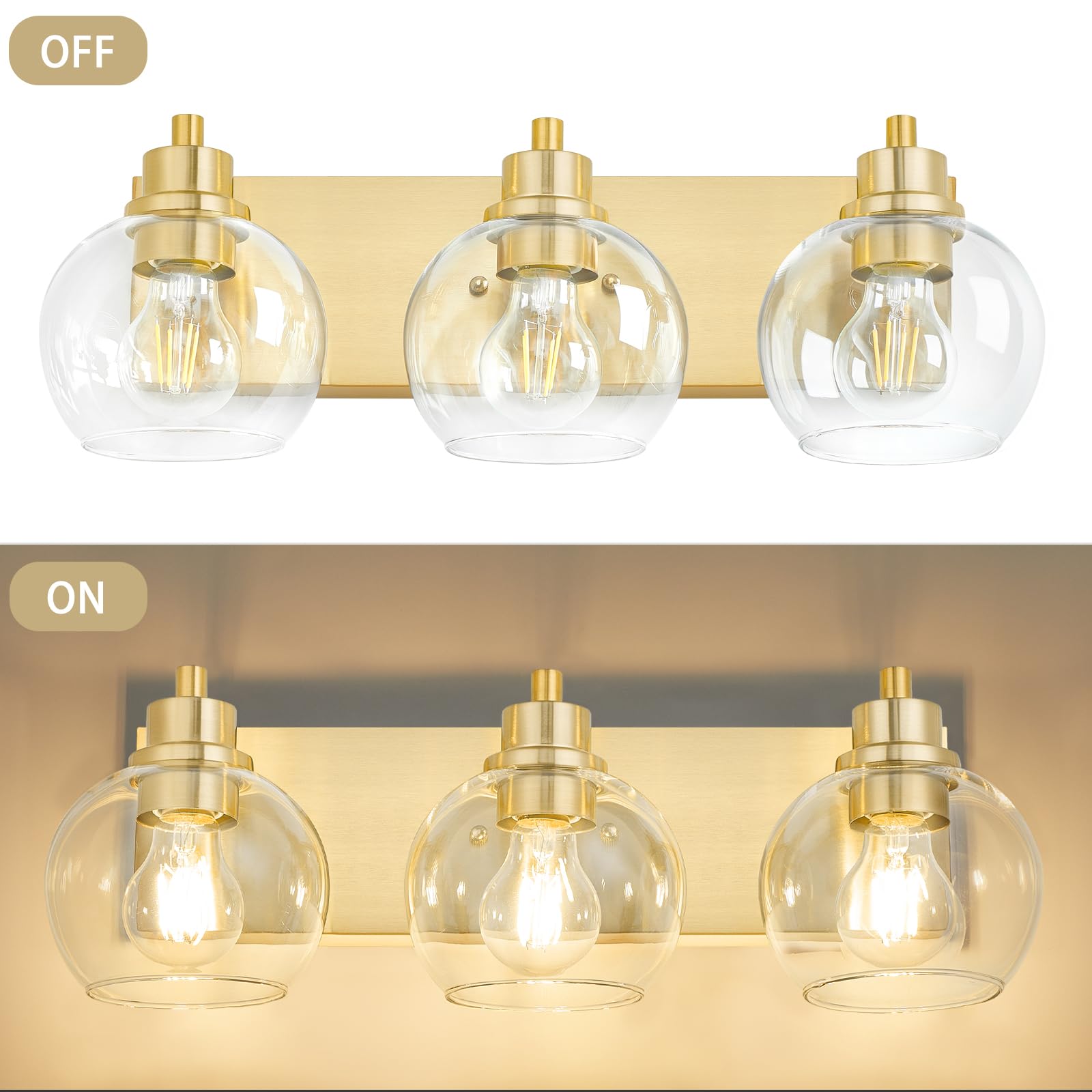 Tuscarora Gold Bathroom Vanity Light - 3-Light Brushed Gold Fixture with Clear Glass Shade for Mirror Lighting | Elegant Bathroom Lighting for Vanity, Dressing Room & Powder Room