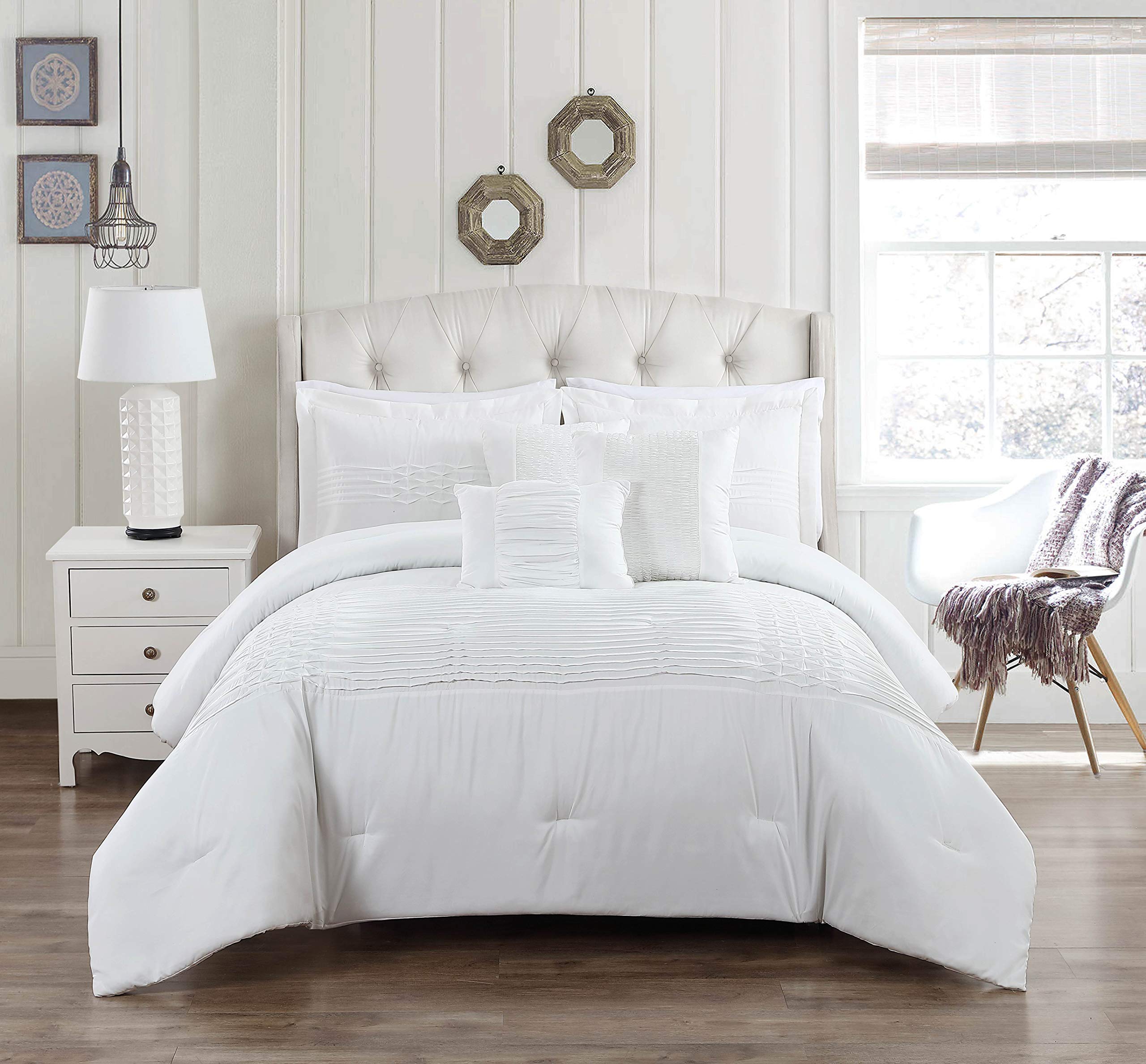 Kensie Geonna Pintucked Duvet Cover Set - Full/Queen Size, Crisp White Luxury Bedding for Master Bedroom & Guest Room Decor
