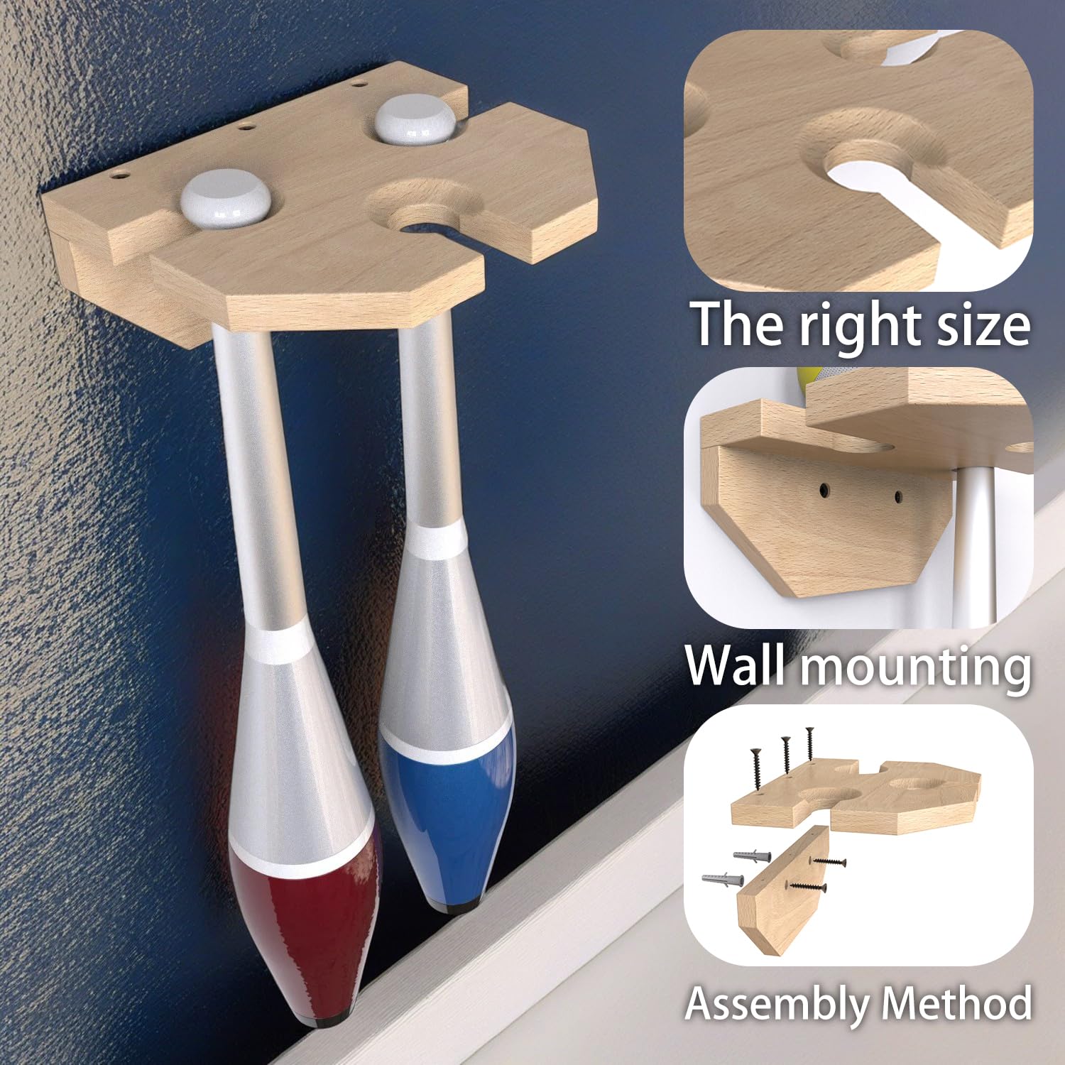 Wall Mounted Wooden Juggling Clubs & Balls Holder - Organizer for 3 Juggling Clubs - Perfect for Circus Performers, Practice Rooms & Home Storage