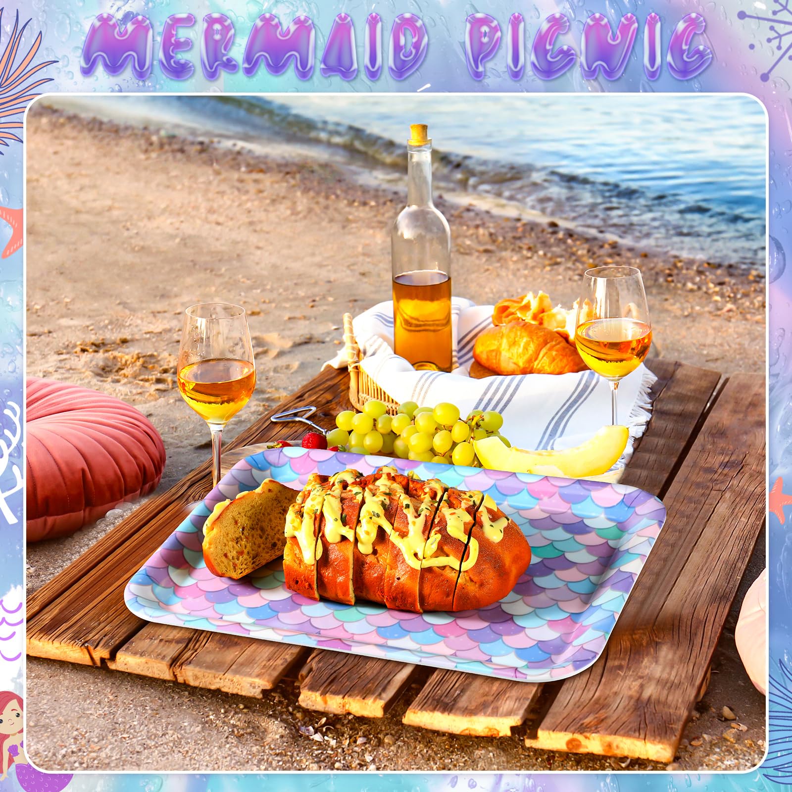 Zubebe 3-Piece Mermaid Serving Tray Set - 13 x 10 Inch Ocean Theme Platters for Snacks, Cookies & Desserts | Reusable Party Serving Dishes for Mermaid Birthday, Beach Themed Events & Home Decor