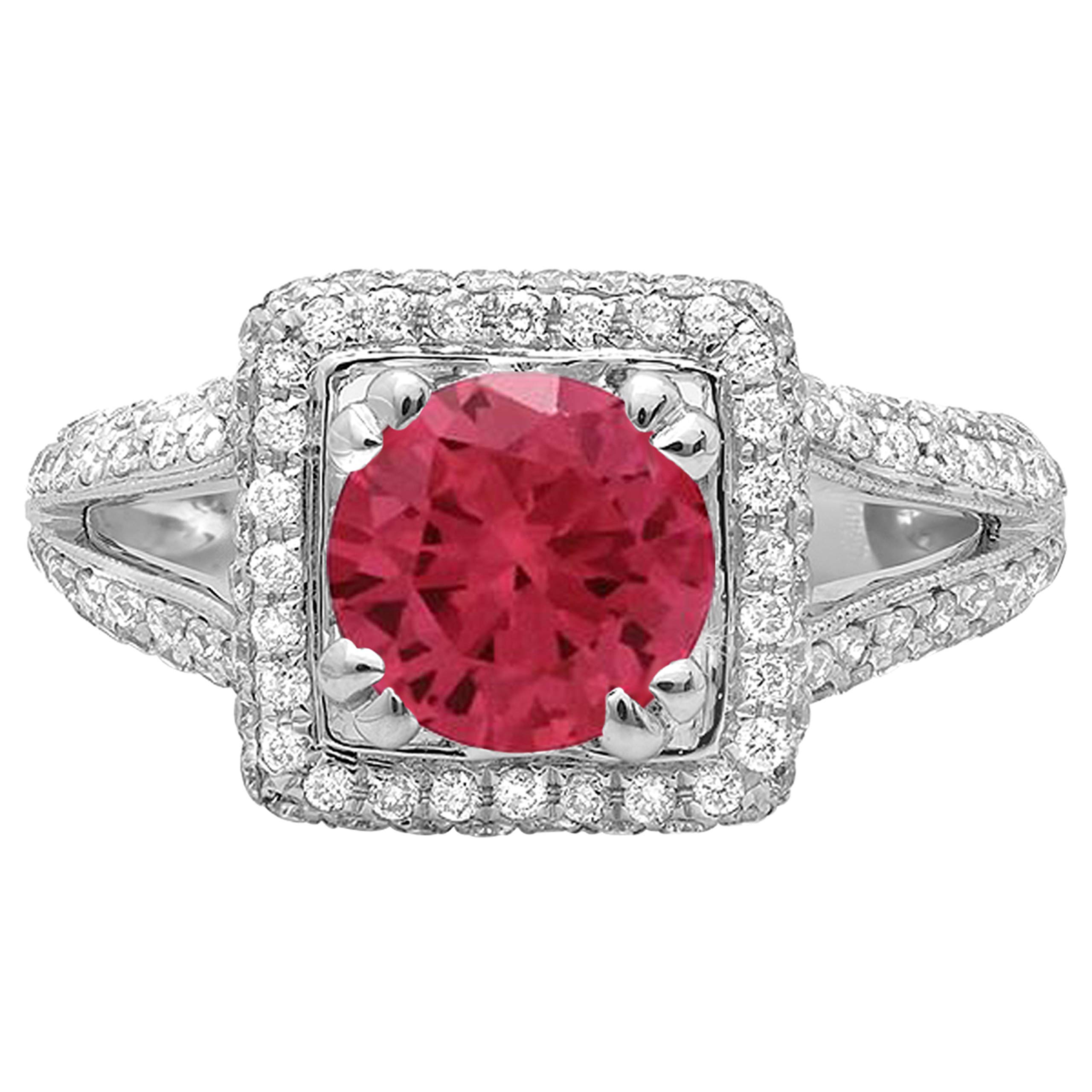 Dazzlingrock Collection 14K Solid White Gold Round Red Ruby & White Diamond Halo Engagement Ring for Women - Perfect for Bridal, Wedding, and Anniversary Gifts