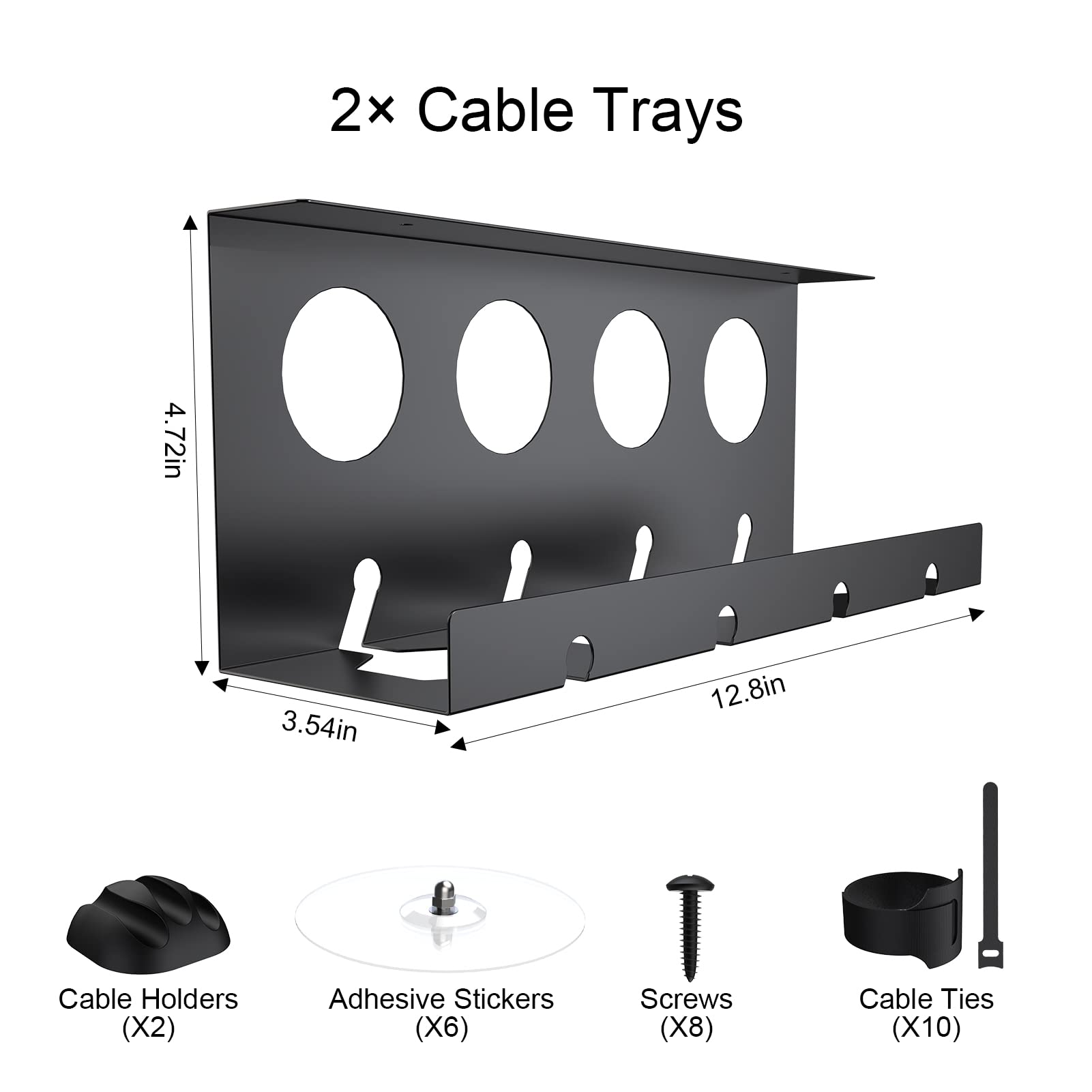 2 Pack Under Desk Cable Management Tray - Super Sturdy Metal Cable Raceway for Cords & Power Strips (12.6 Inch) | Organize Wires for Home Office & Gaming Setup