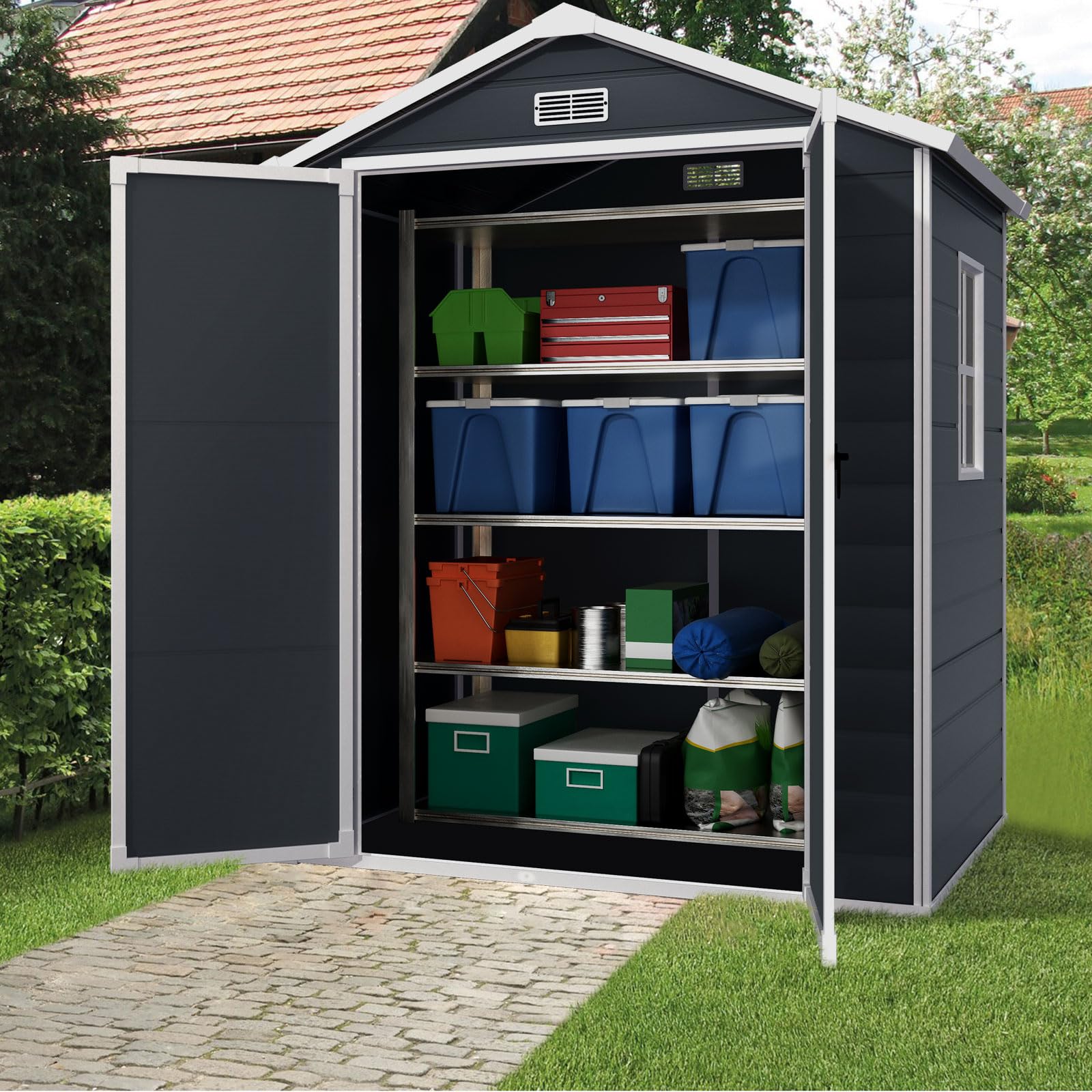 6x4.4FT Resin Outdoor Storage Shed - Waterproof Plastic Garden Shed with Floor & Lockable Doors for Patio, Yard, Lawn - Perfect for Storing Garden Tools, Pool Supplies & Outdoor Equipment (Dark Gray)