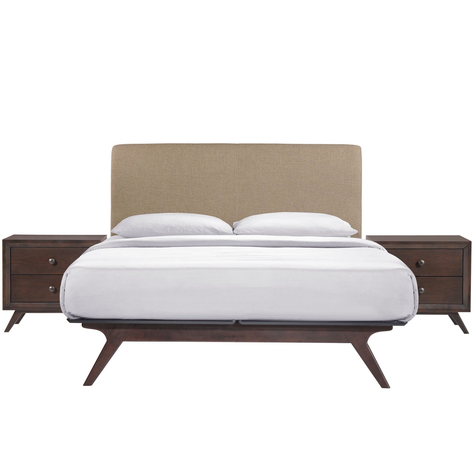 Modway Tracy Mid-Century Modern Wood Platform Queen Size Bed with Two Nightstands in Cappuccino Latte - Stylish Bedroom Furniture Set for Contemporary Home Decor