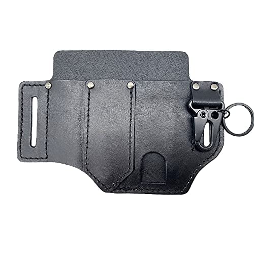 Premium Leather Multitool Sheath for Belt - EDC Pocket Organizer with Pen Holder & Key Fob - Compatible with Leatherman, Flashlight & Everyday Carry Tools (Black) - Perfect for Outdoor Adventures, Camping & Work