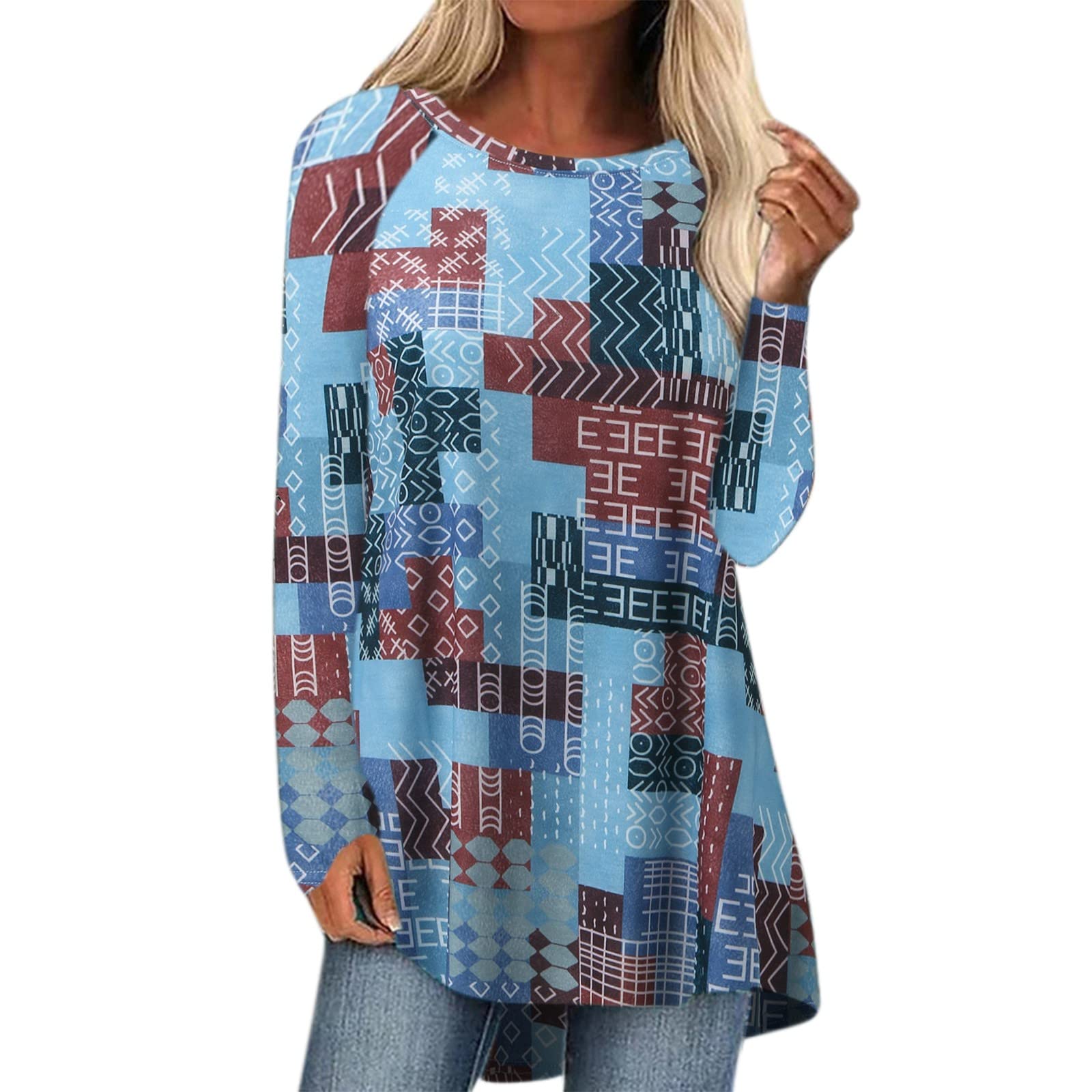 Women's Casual Tunic Tops - Long & Short Sleeve Geometric Print Blouses with Round Neck | Soft Comfortable Shirts for Work, Travel & Everyday Wear