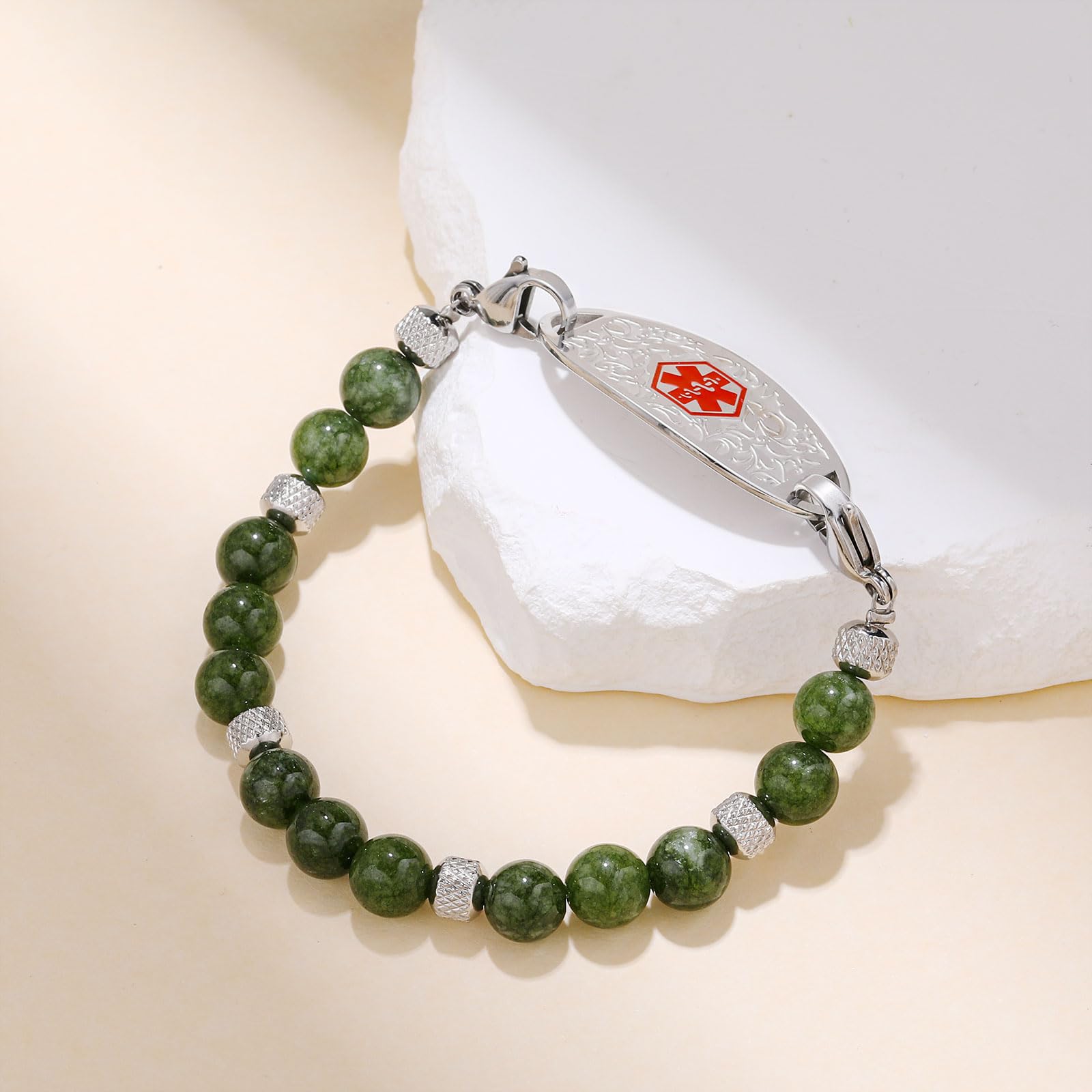 Custom Medical Alert Bracelet with Free Engraving - Adjustable 5.5-8.5 Inch Emergency ID Bracelet for Women & Men - Interchangeable Dark Green & Turquoise Beads - Perfect for Diabetes, Allergies & Emergency Medical Identification