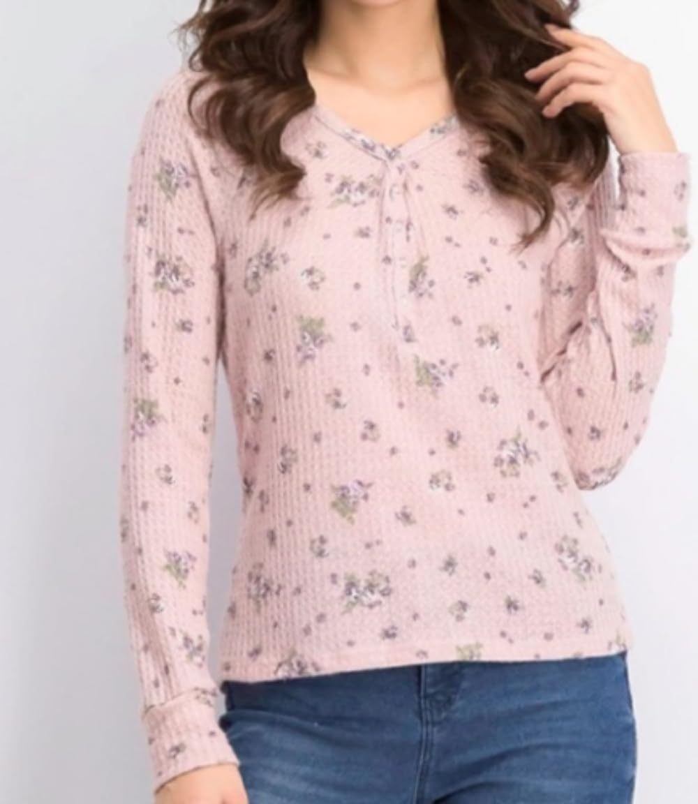 Ultra Flirt Juniors' Floral Print Waffle Texture Henley Top - Pink, Size Large | Cute Casual Blouse for Teens, Perfect for School, Dates & Summer Outfits