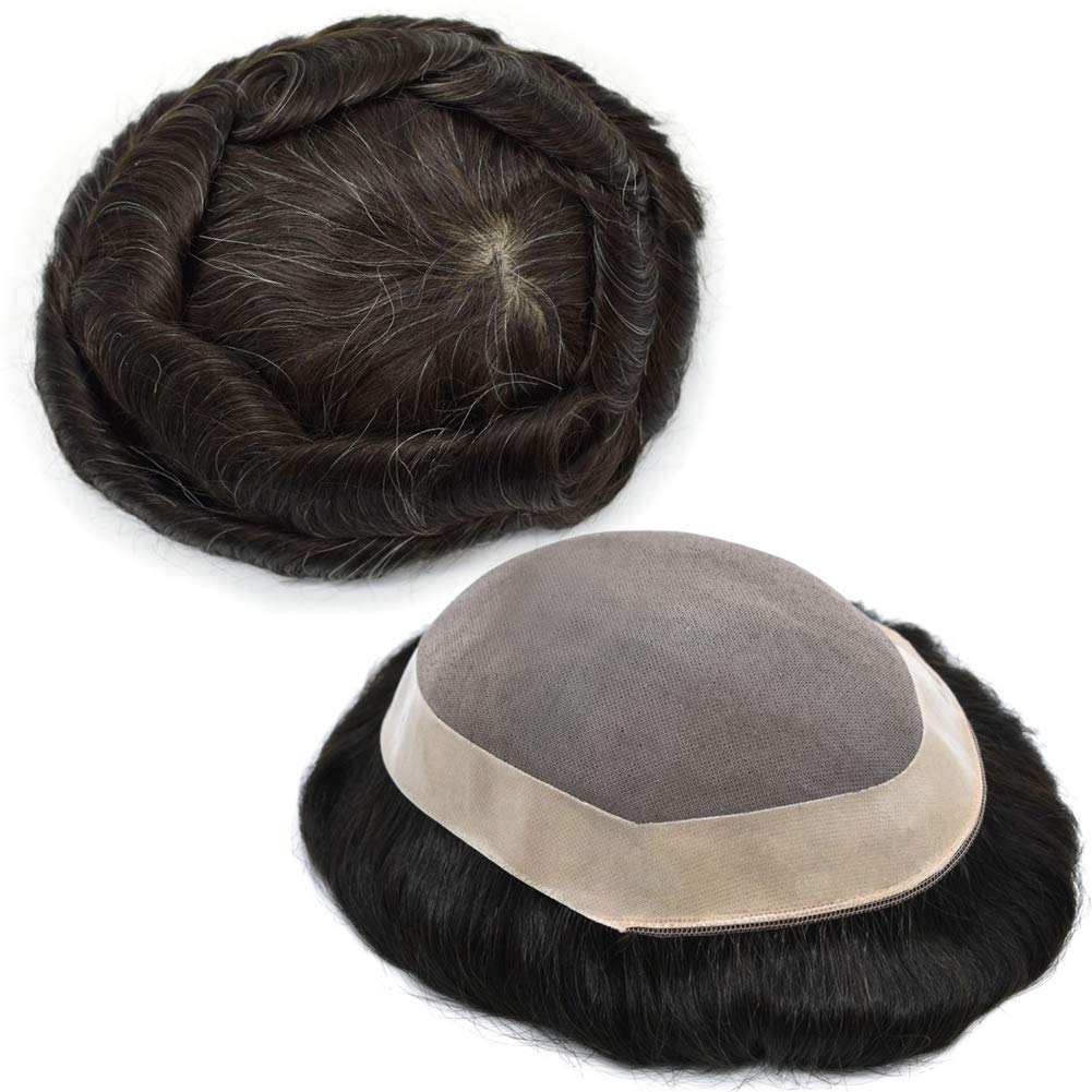 Premium Mono Human Hair Toupee for Men - Poly Skin Base, Durable NPU Monofilament Wig - Natural Black with 10% Gray (7''x10'', 1B10#) - Perfect for Hair Replacement, Thinning Hair & Daily Wear