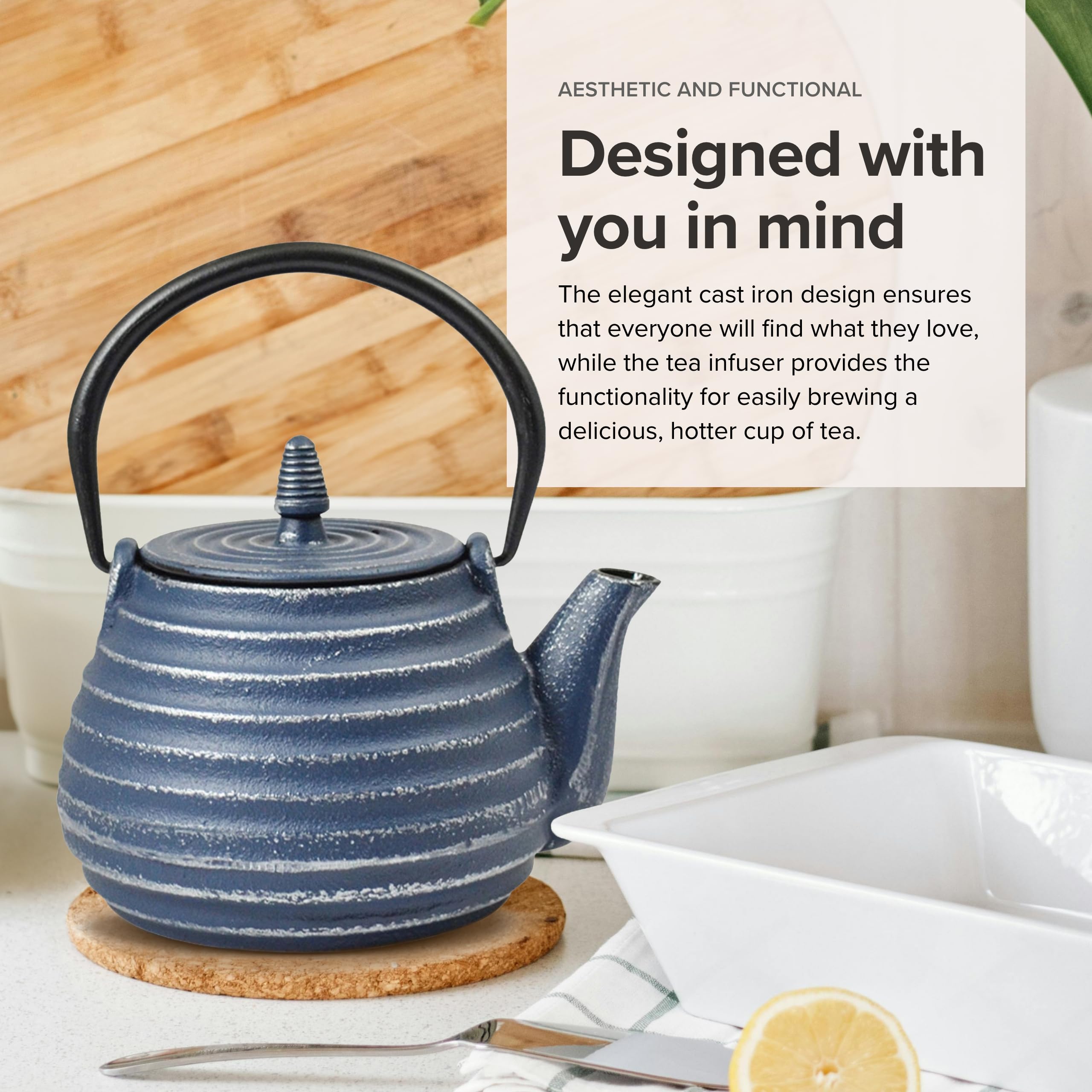 Premium Cast Iron Teapot with Stainless Steel Infuser - 27oz Japanese Style Blue/Silver Teapot for Loose Leaf Tea | Perfect for Home, Office & Tea Ceremonies