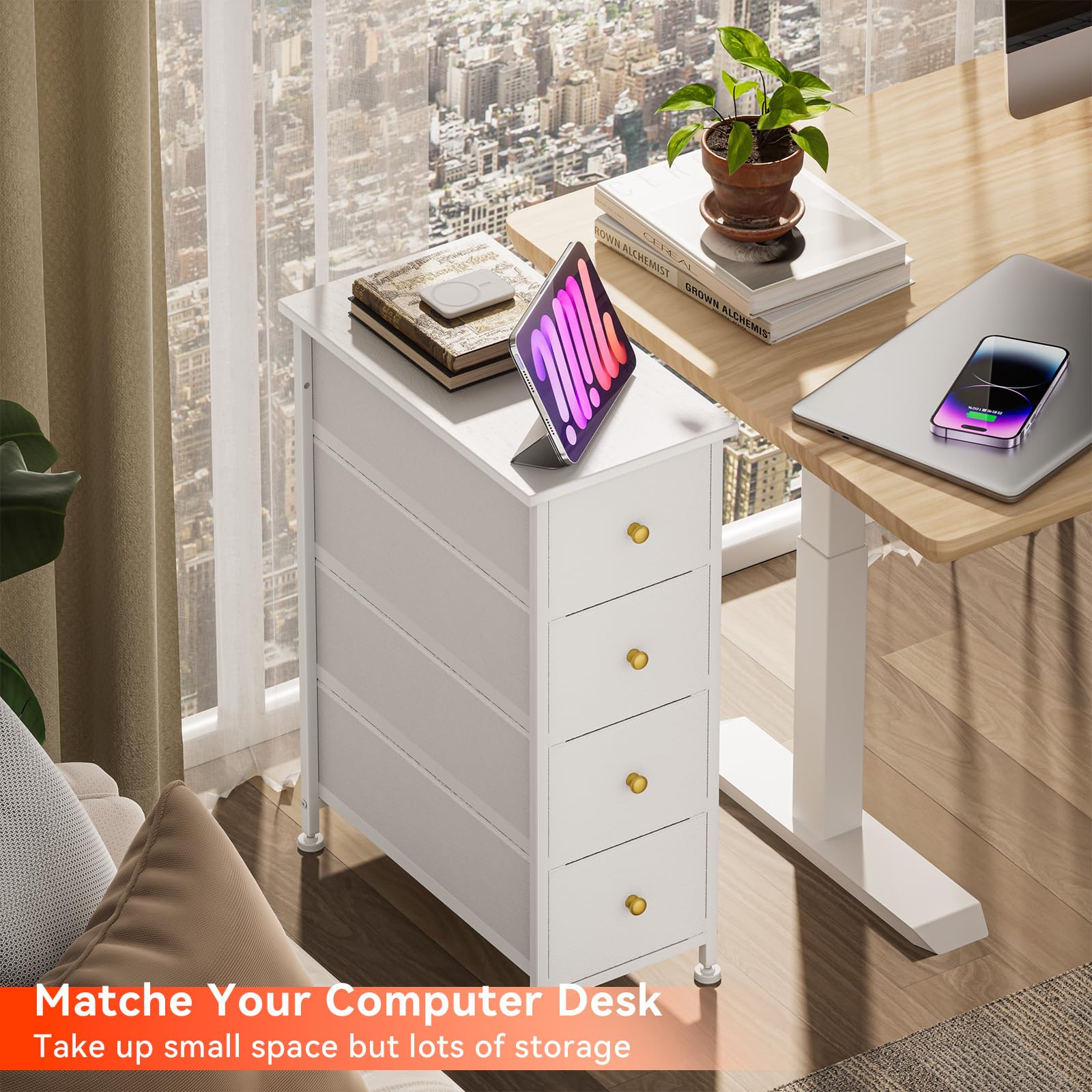 Slim 4-Drawer Dresser with Wood Top & Steel Frame - White for Bedroom & Small Spaces