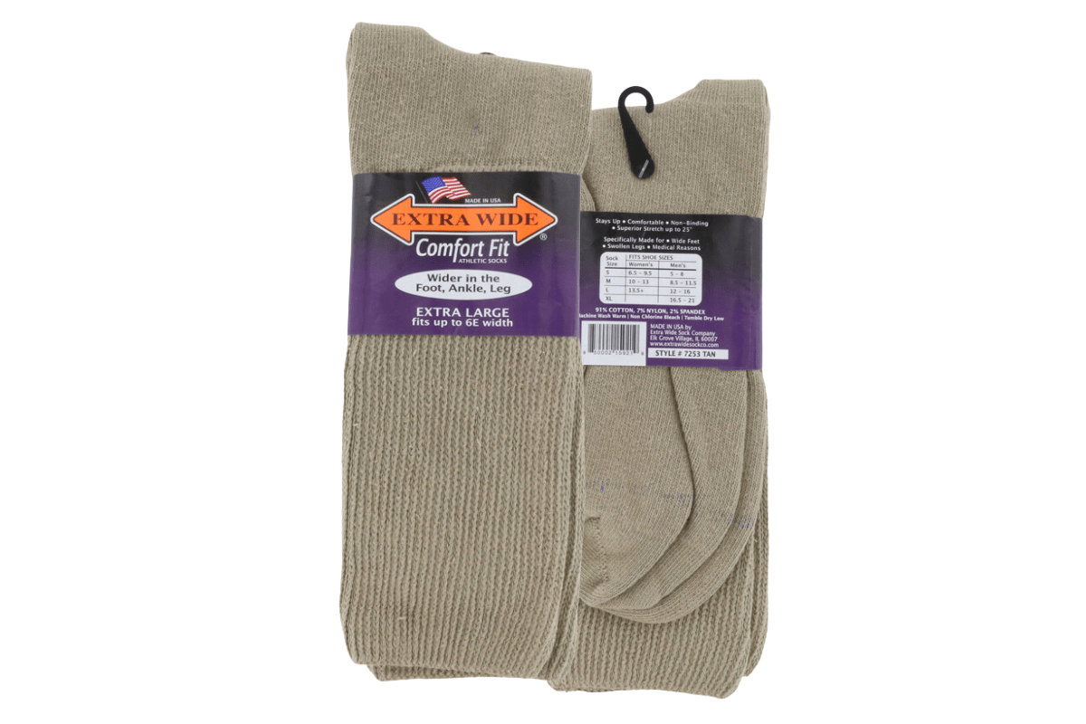 Extra Wide Crew Socks for Men & Women - Comfortable Tan Cotton Socks for Swollen Feet, Diabetics & Edema - Perfect for Daily Wear, Sports & Relaxation