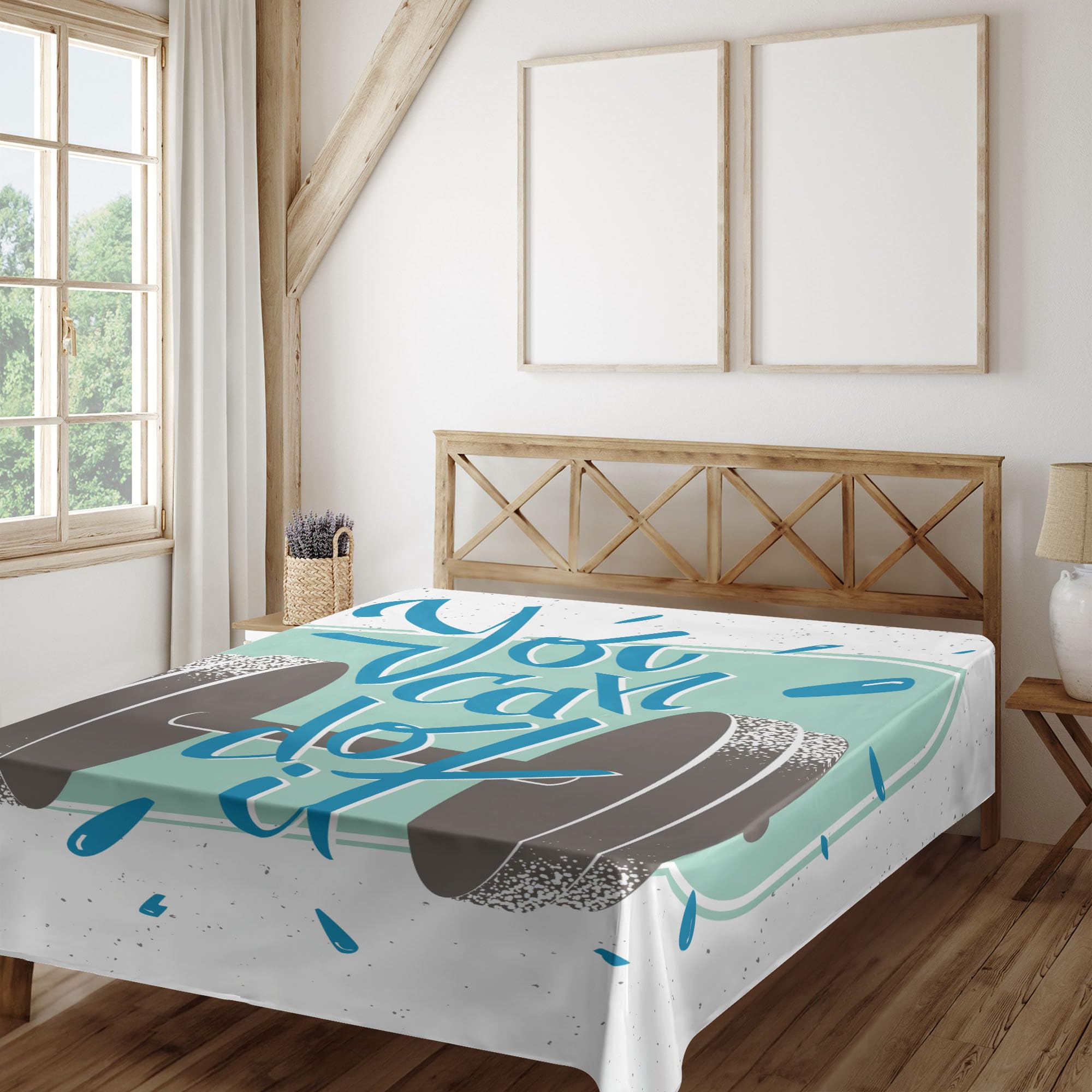 Ambesonne Fitness Flat Sheet - King Size Soft Comfortable Top Sheet with Retro Dumbbell Design & 'You Can Do It' Phrase - Grey Almond Green Blue Decorative Bedding for Gym Enthusiasts & Home Workout Spaces