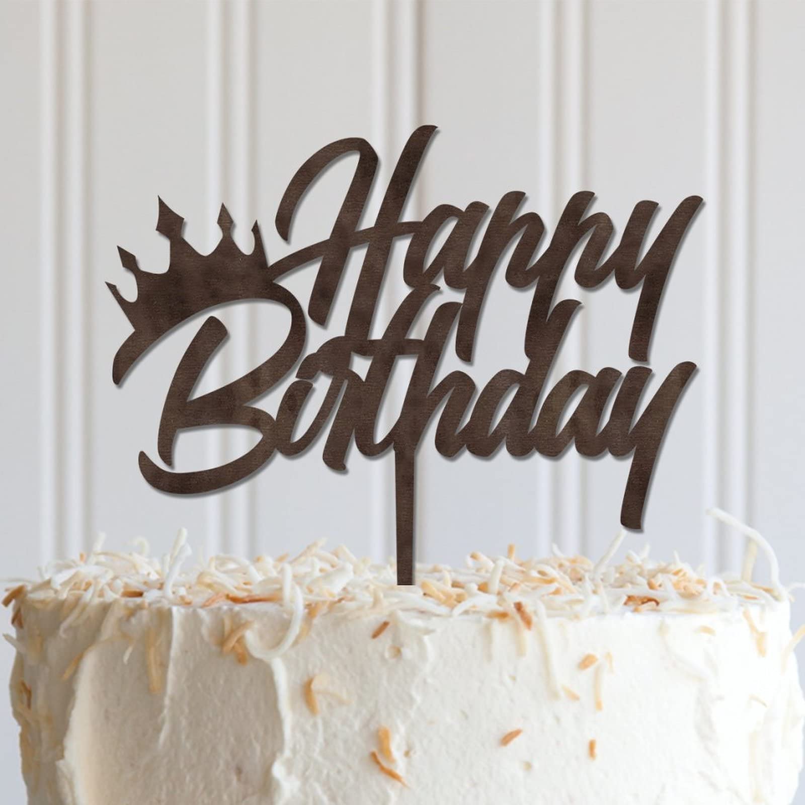 Funny Wooden Happy Birthday Cake Topper with Custom Name - Brown Birthday Sign for Kids & Adults - Perfect for Baby Baptism, Gender Reveal, and Birthday Party Decorations