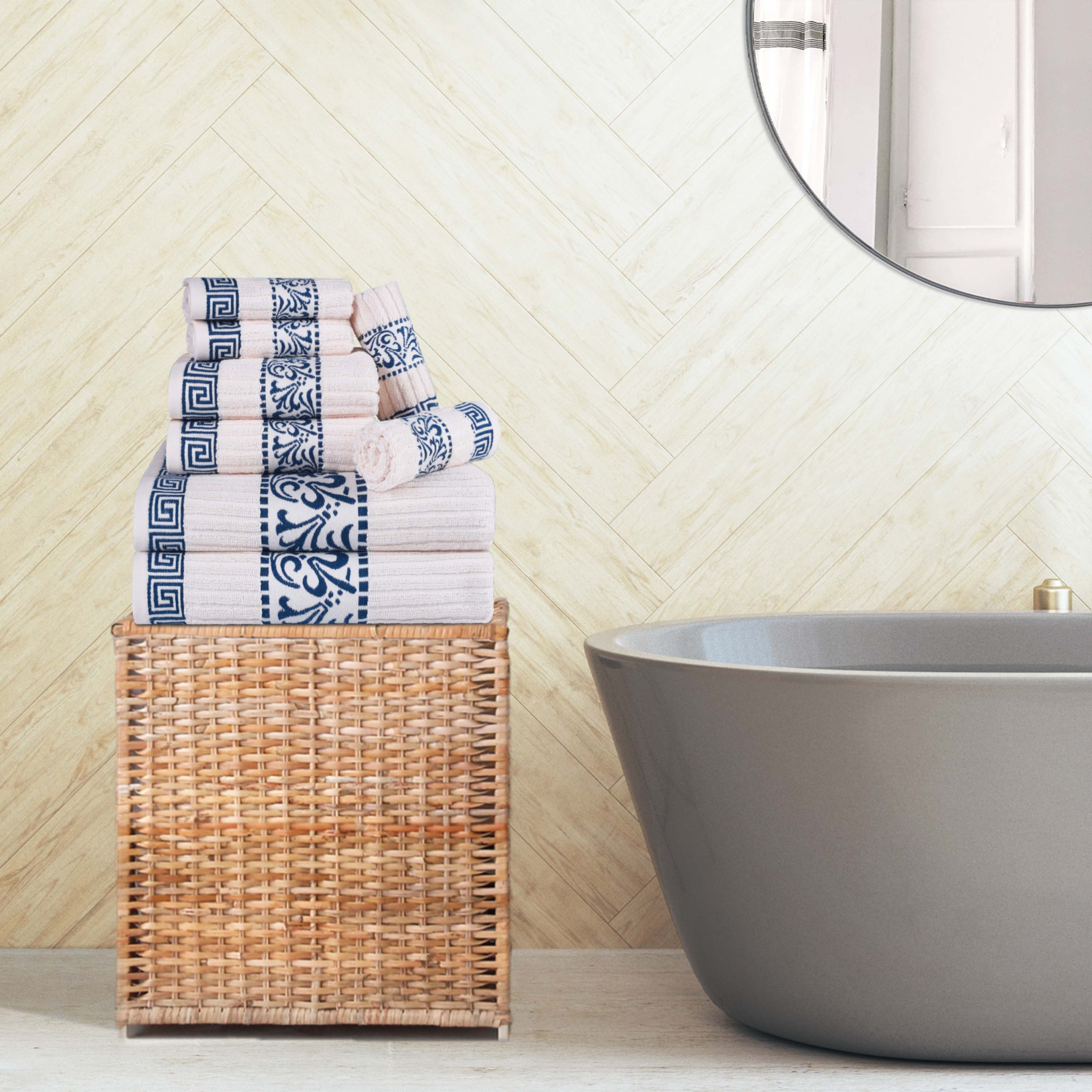 Premium 8-Piece Cotton Towel Set with Greek Scroll & Floral Design - Soft Bath Towels, Hand Towels & Washcloths - Perfect for Bathroom, Spa & Luxury Home Decor