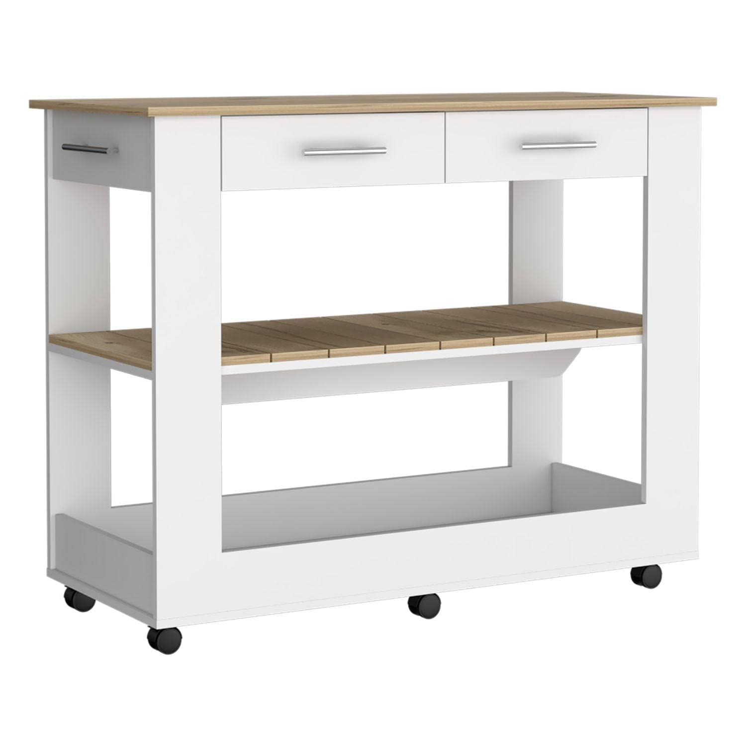 Delos 46 Inch Kitchen Island with 6 Heavy Duty Casters, 2 Spacious Drawers & Open Shelves - White/Light Oak Finish | Perfect for Small Kitchens, Breakfast Bars & Extra Storage Space