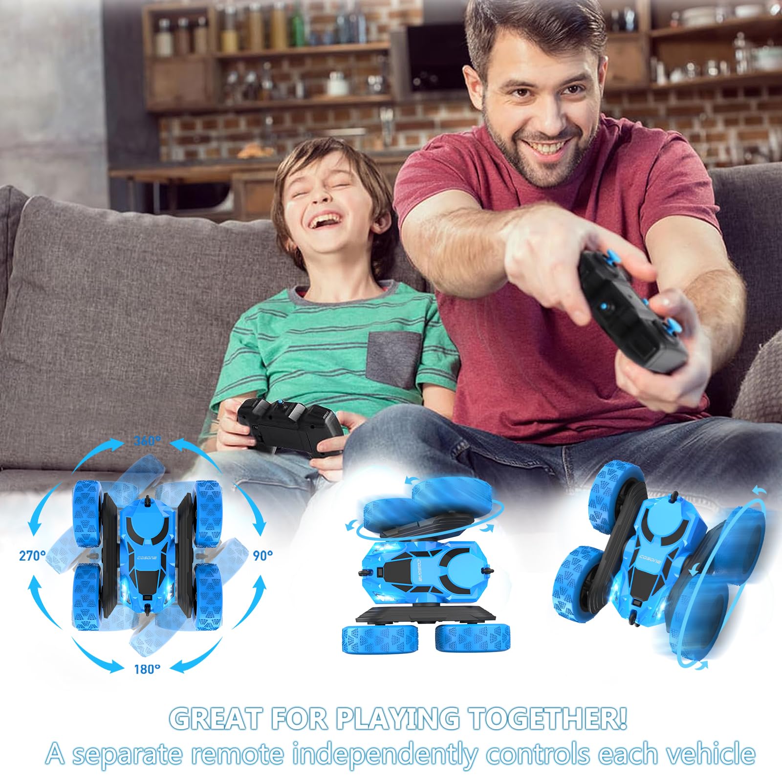 Cosone 2.4Ghz 4WD Remote Control Car for Kids - 360° Rotating Rechargeable RC Truck with LED Lights, All Terrain Toy Car for Boys & Girls (Blue) - Perfect for Indoor Play, Outdoor Adventures & Birthday Gifts