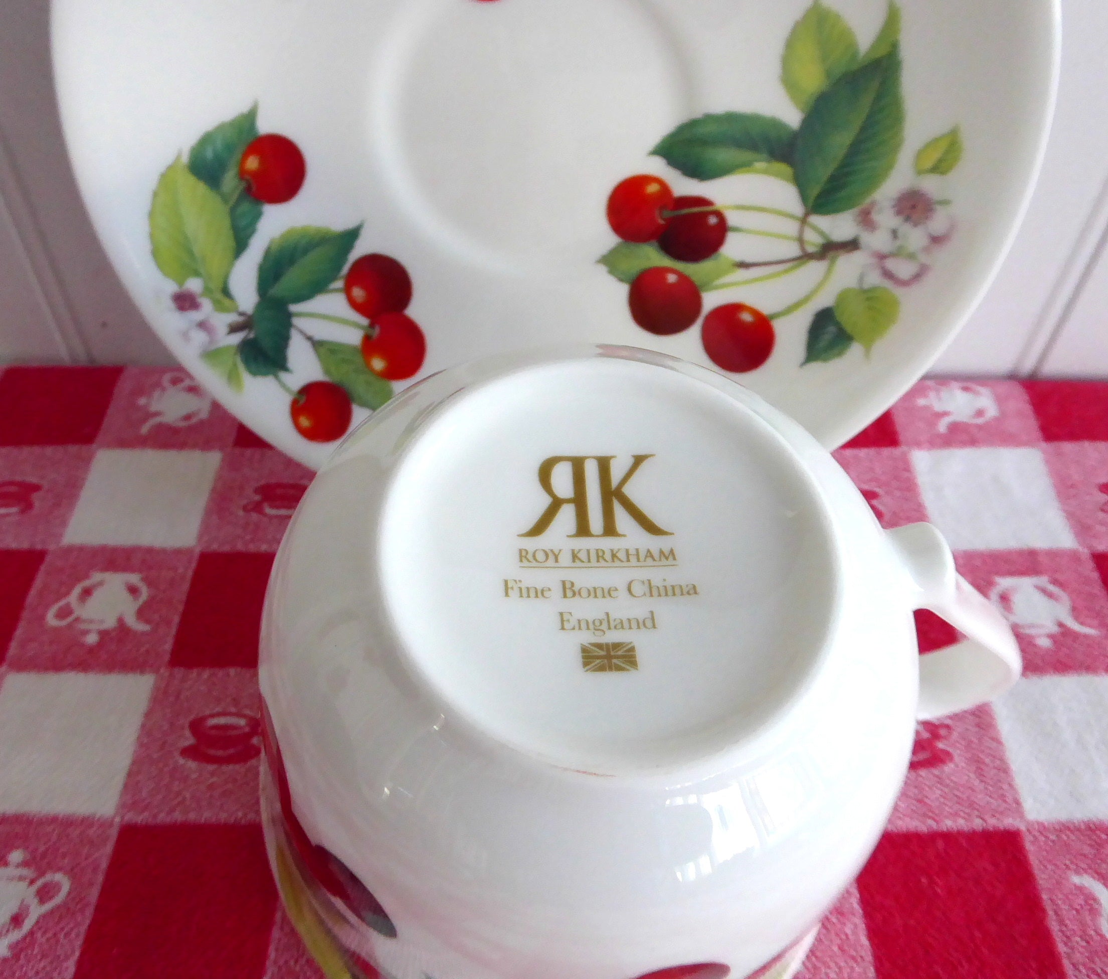Roy Kirkham Bone China Cherry Breakfast Cup and Saucer Set - Large Red Cherry Design for Tea, Coffee, and Elegant Morning Dining