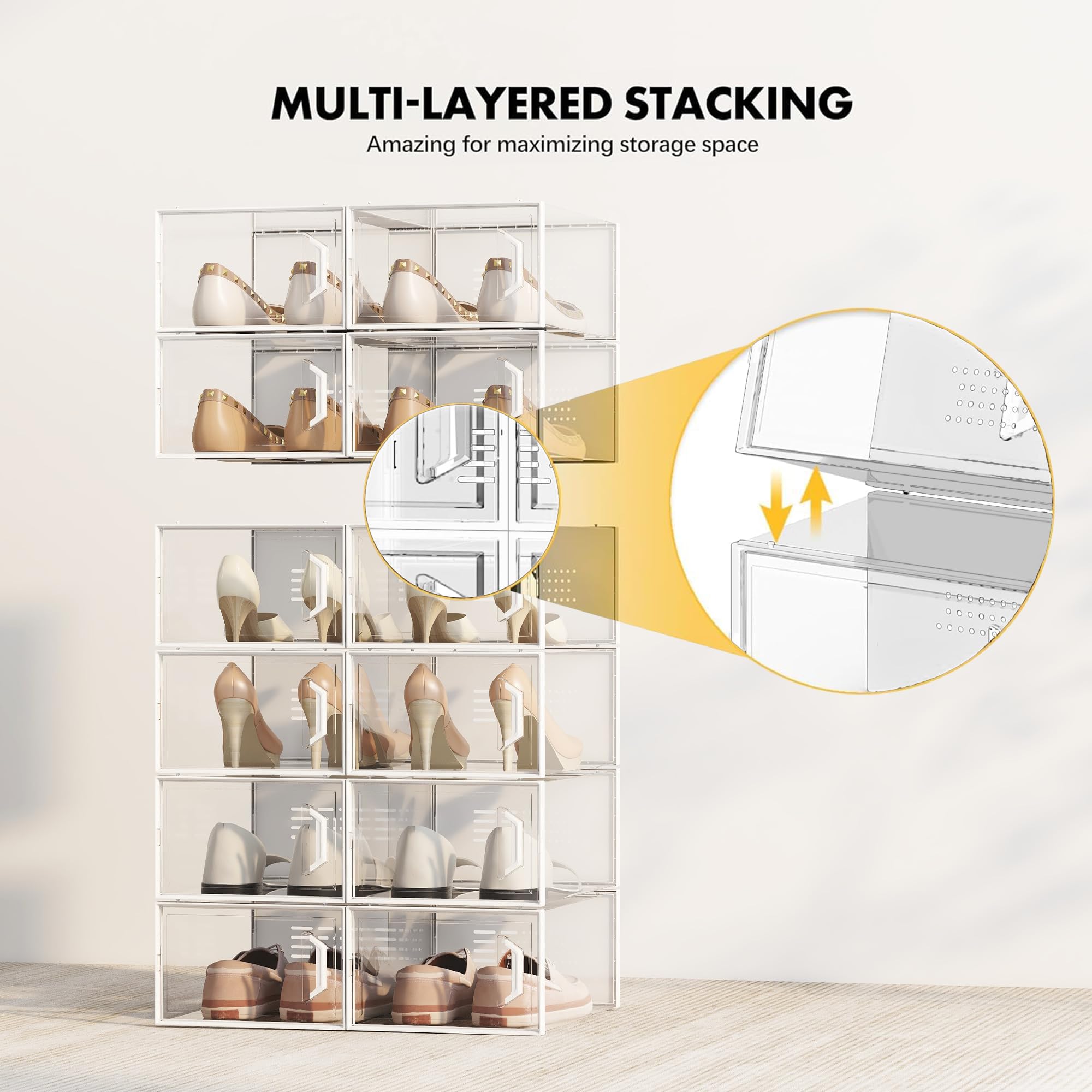 SEE SPRING X-Large Clear Plastic Shoe Storage Box - Fits Size 11 Shoes, Stackable Shoe Organizer for Closet & Entryway, Space-Saving Sneaker Rack Containers for Under Bed Storage (12-Pack) - Perfect for Organizing Shoes in Small Spaces, Dorm Rooms, and Apartment Living