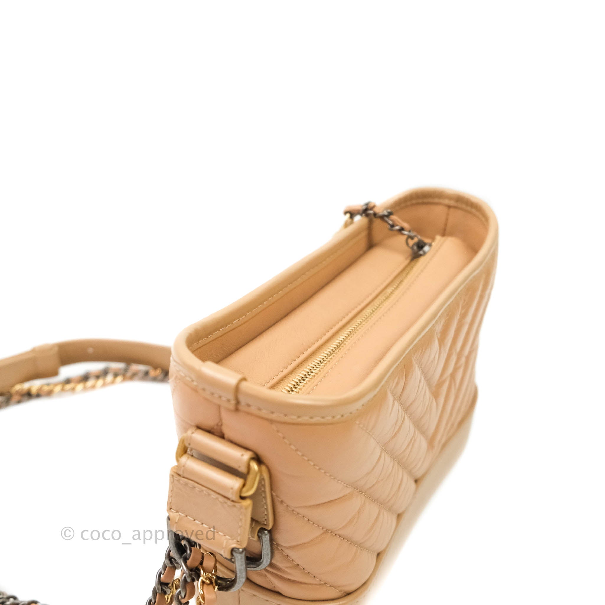 Chanel Small Gabrielle Hobo Bag in Beige Calfskin with Chevron Pattern & Mixed Hardware - Perfect for Everyday Use, Work & Special Occasions