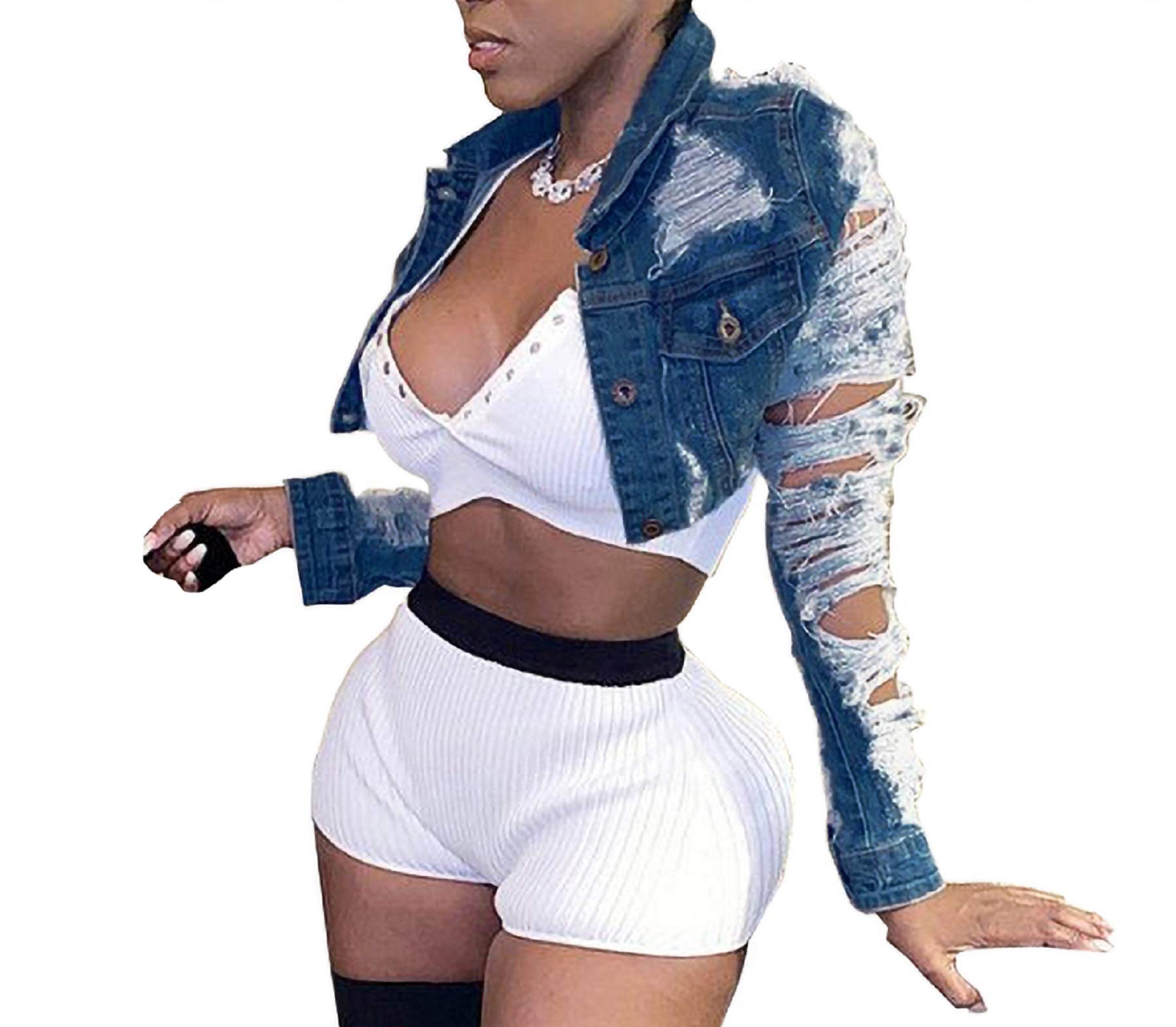 Voghtic Women's Sexy Ripped Denim Jacket - Lapel Button Down Short Crop Top Jean Coat for Casual Outfits & Streetwear Fashion